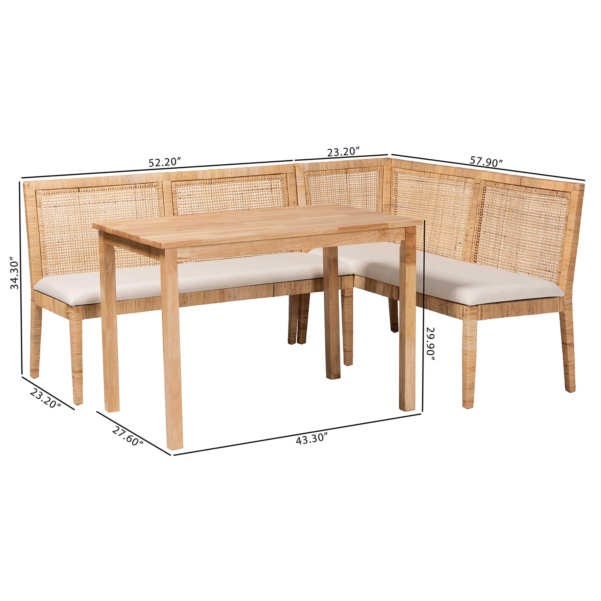 bali & pari Kalimantan Bohemian Light Honey Rattan 3-Piece Dining Nook Set