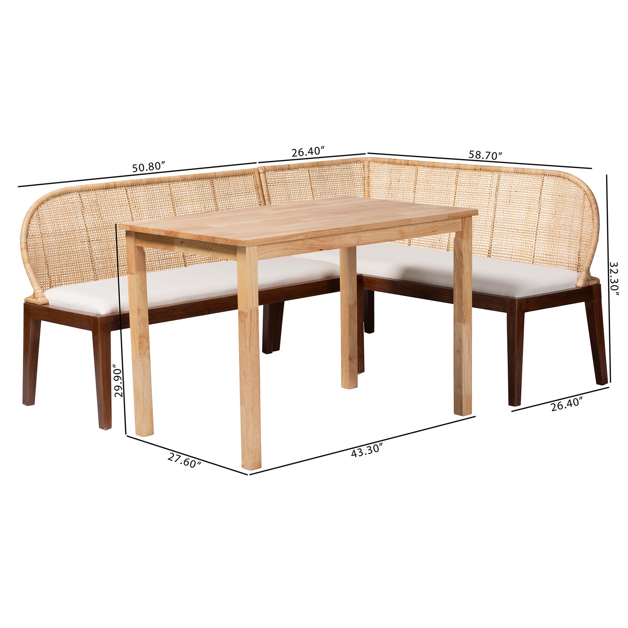 bali & pari Okinawa 3-Piece Dining Nook Set - L-Shaped Rattan Corner Benches with Cushions and Solid Wood Rectangular Table, Boho Coastal Breakfast Banquette for Kitchen or Dining Area
