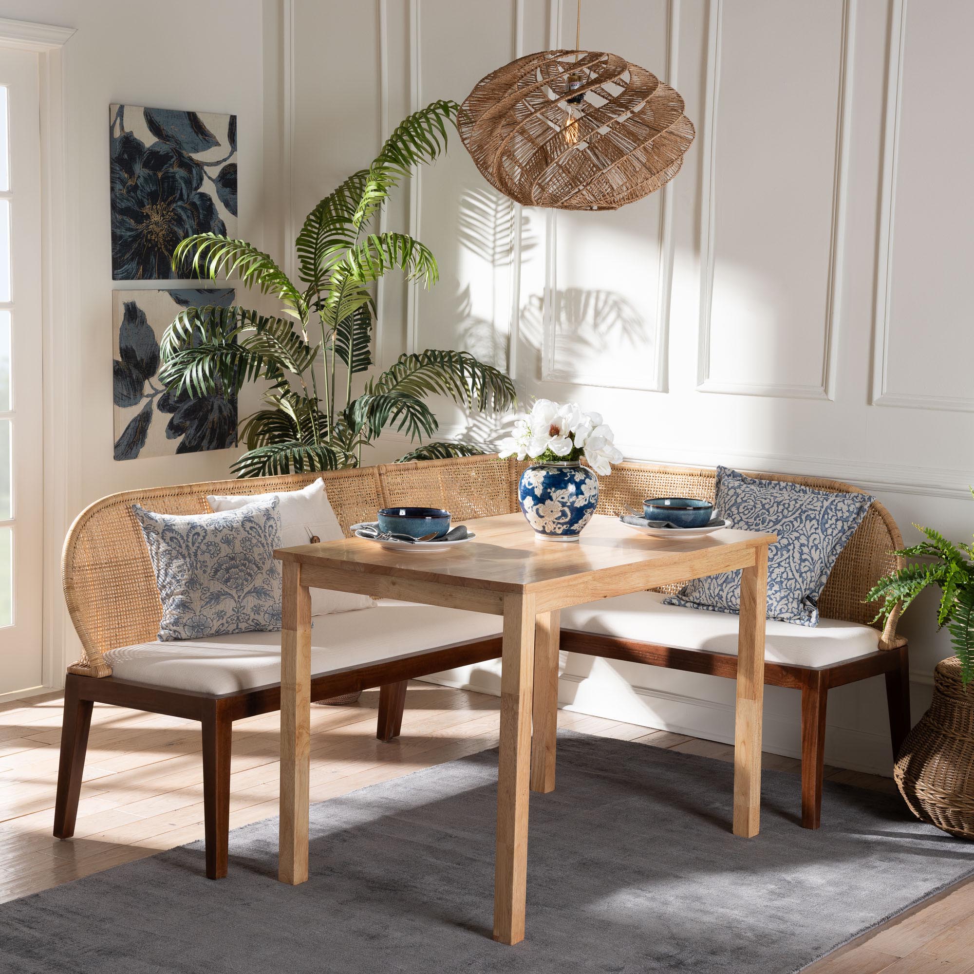 bali & pari Okinawa 3-Piece Dining Nook Set - L-Shaped Rattan Corner Benches with Cushions and Solid Wood Rectangular Table, Boho Coastal Breakfast Banquette for Kitchen or Dining Area