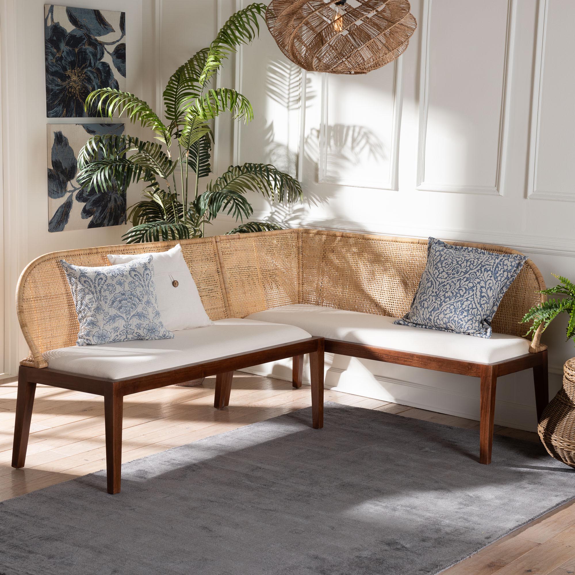bali & pari Okinawa 2-Piece Corner Bench Set with Cushion - L-Shaped Dining Nook Seating with Acacia Wood Base and Natural Rattan Backrest, Boho Coastal Style Banquette for Kitchen or Breakfast Area