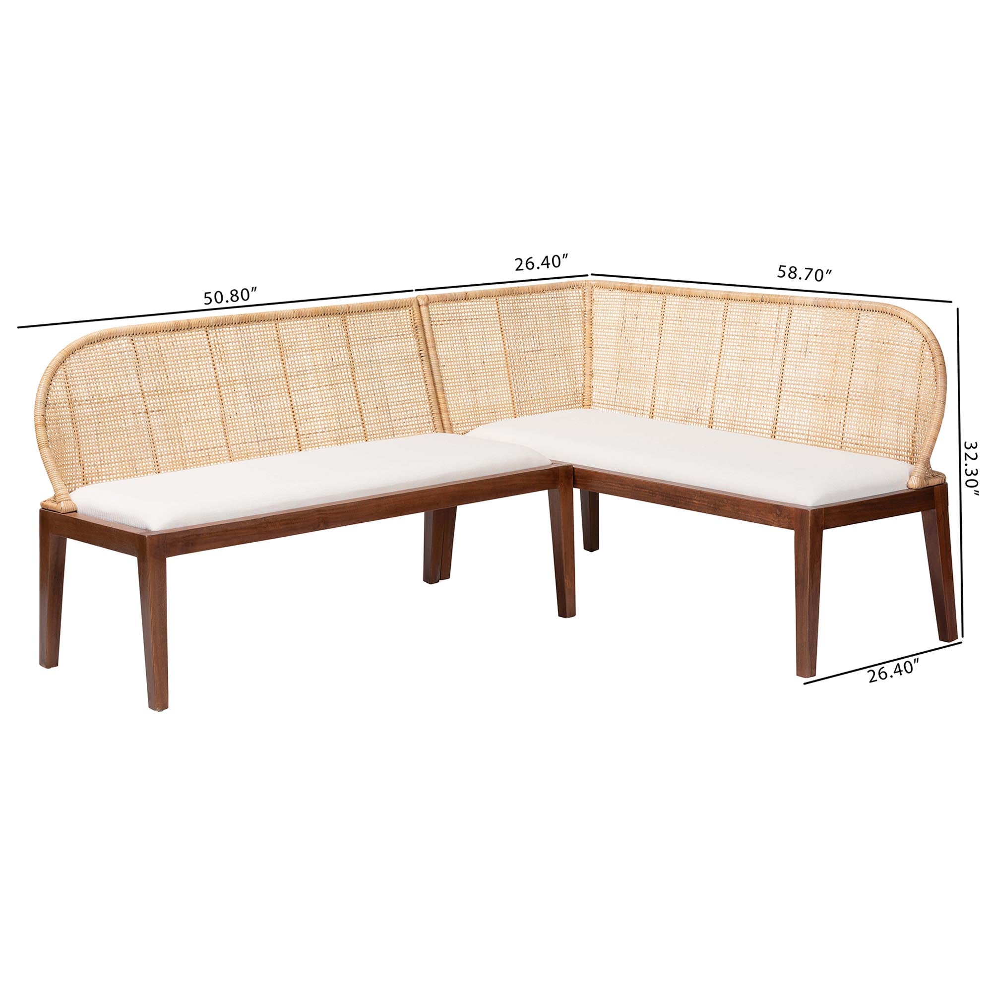 bali & pari Okinawa 2-Piece Corner Bench Set with Cushion - L-Shaped Dining Nook Seating with Acacia Wood Base and Natural Rattan Backrest, Boho Coastal Style Banquette for Kitchen or Breakfast Area