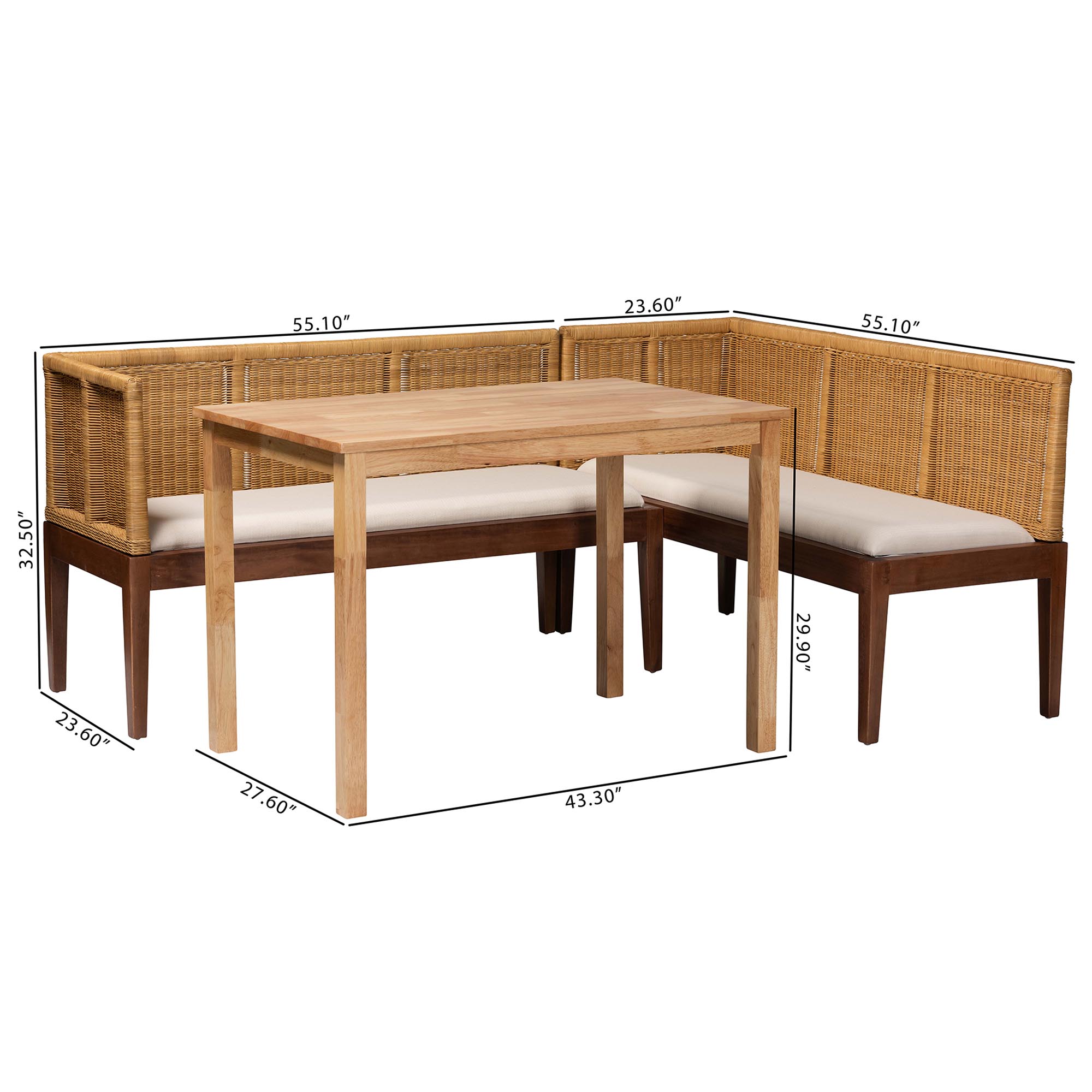 bali & pari Tabanan Modern Bohemian Natural Brown Rattan and Brown Acacia Wood 3-Piece Dining Nook set