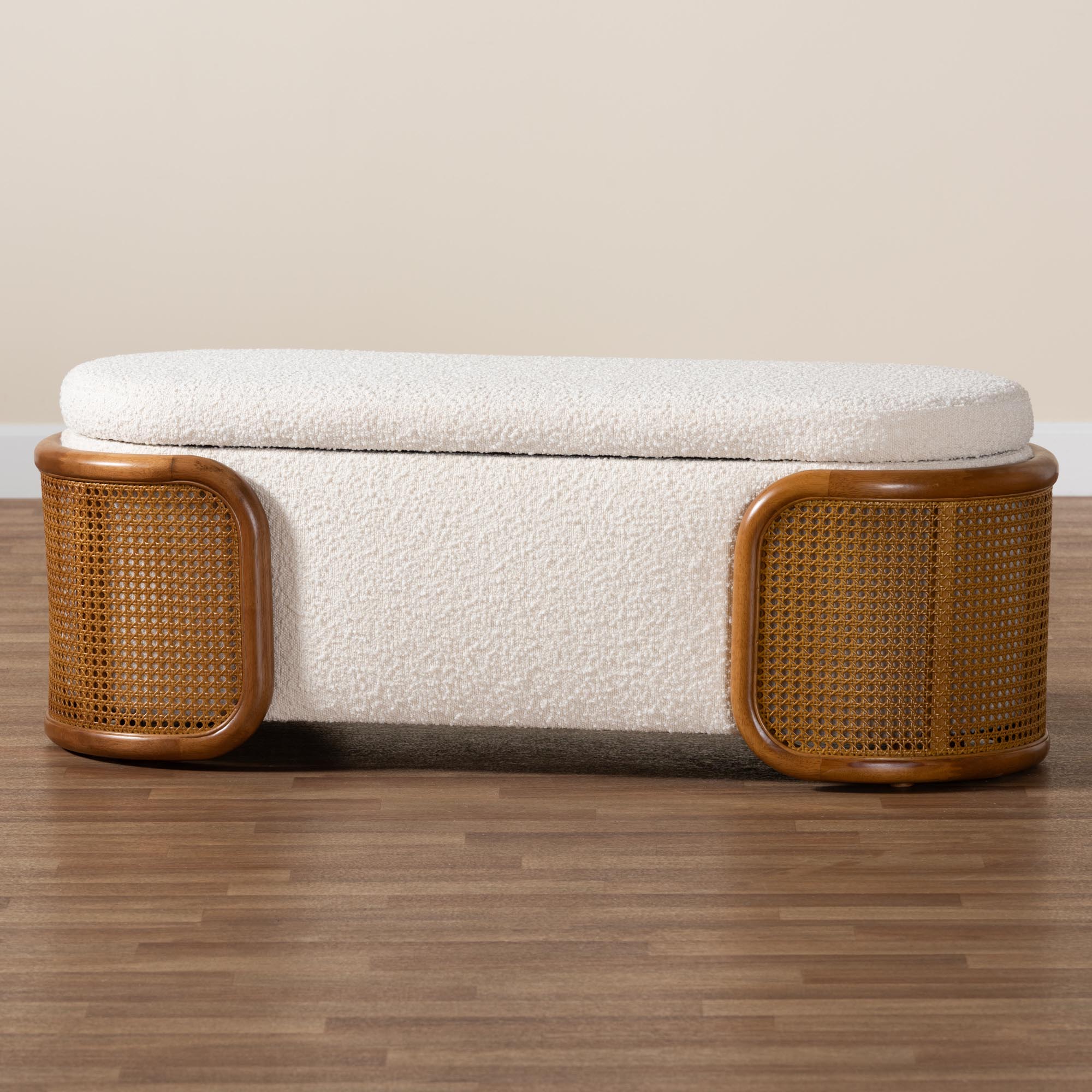 Baxton Studio Basira Japandi Cream Boucle Fabric Storage Bench with Woven Rattan