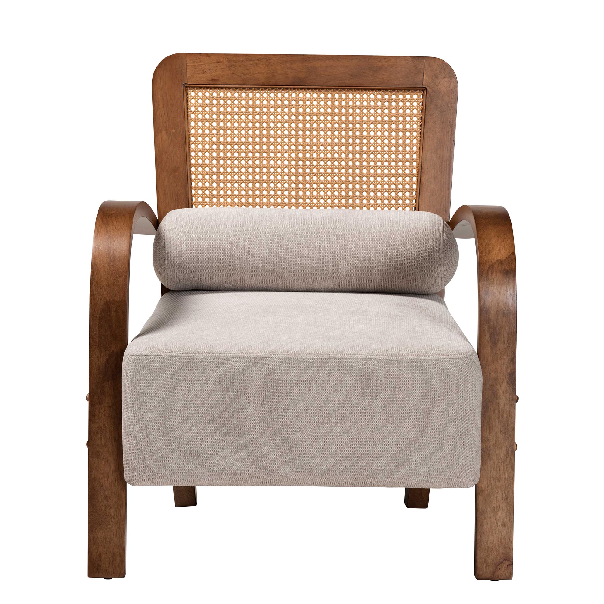 Baxton Studio Sage Modern Japandi Light Grey Fabric and Walnut Brown Finished Wood Arm Chair with Woven Rattan