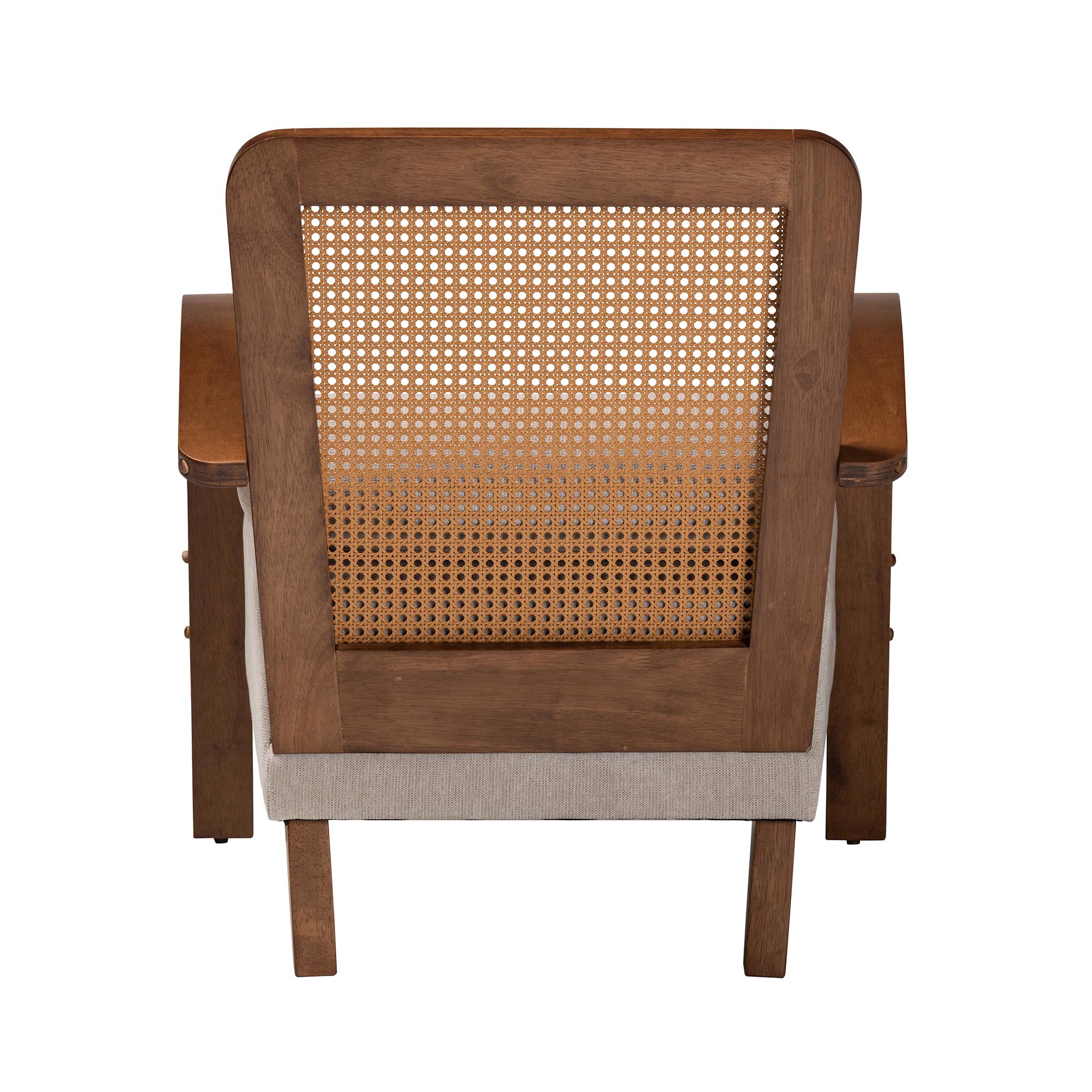 Baxton Studio Sage Modern Japandi Light Grey Fabric and Walnut Brown Finished Wood Arm Chair with Woven Rattan