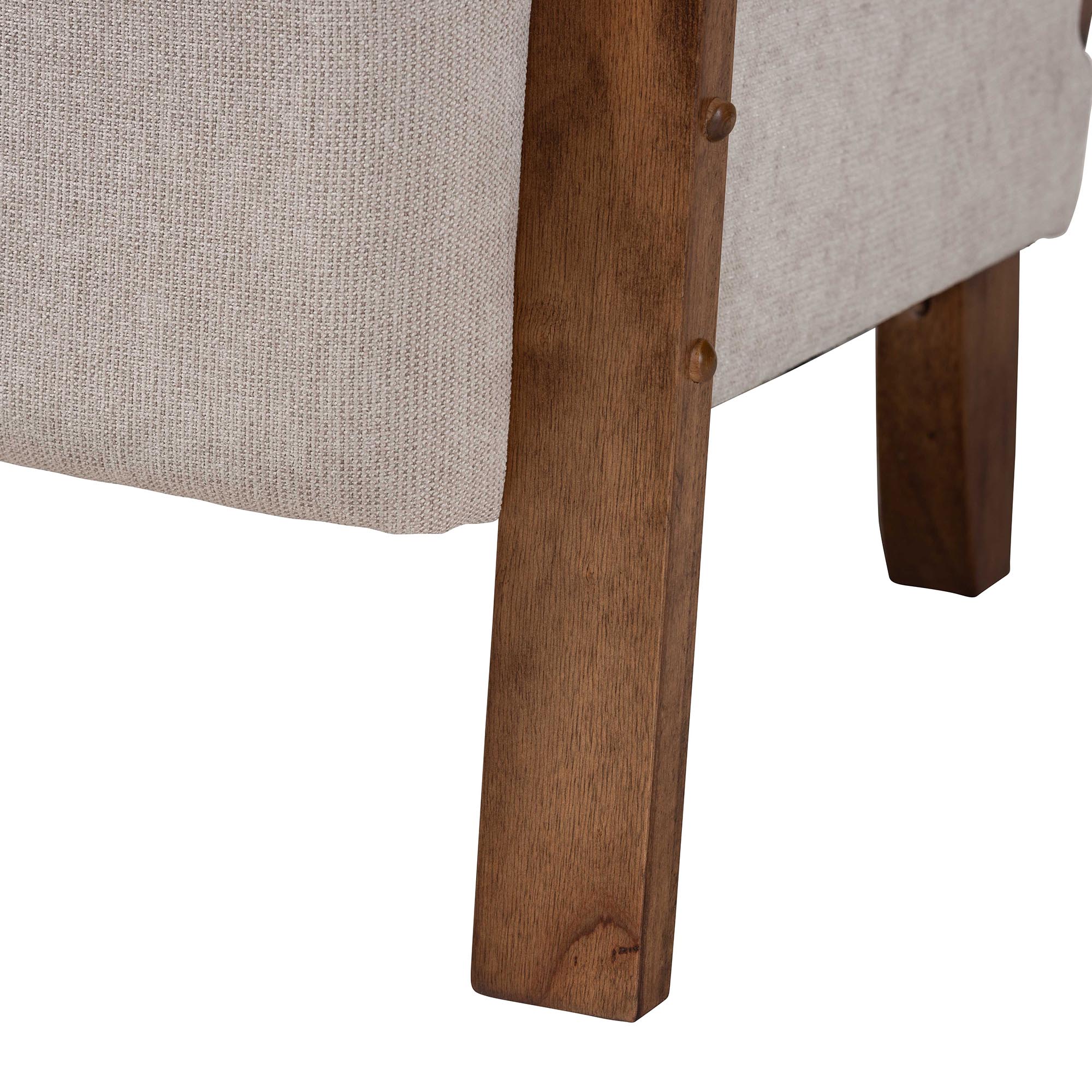 Baxton Studio Sage Modern Japandi Light Grey Fabric and Walnut Brown Finished Wood Arm Chair with Woven Rattan