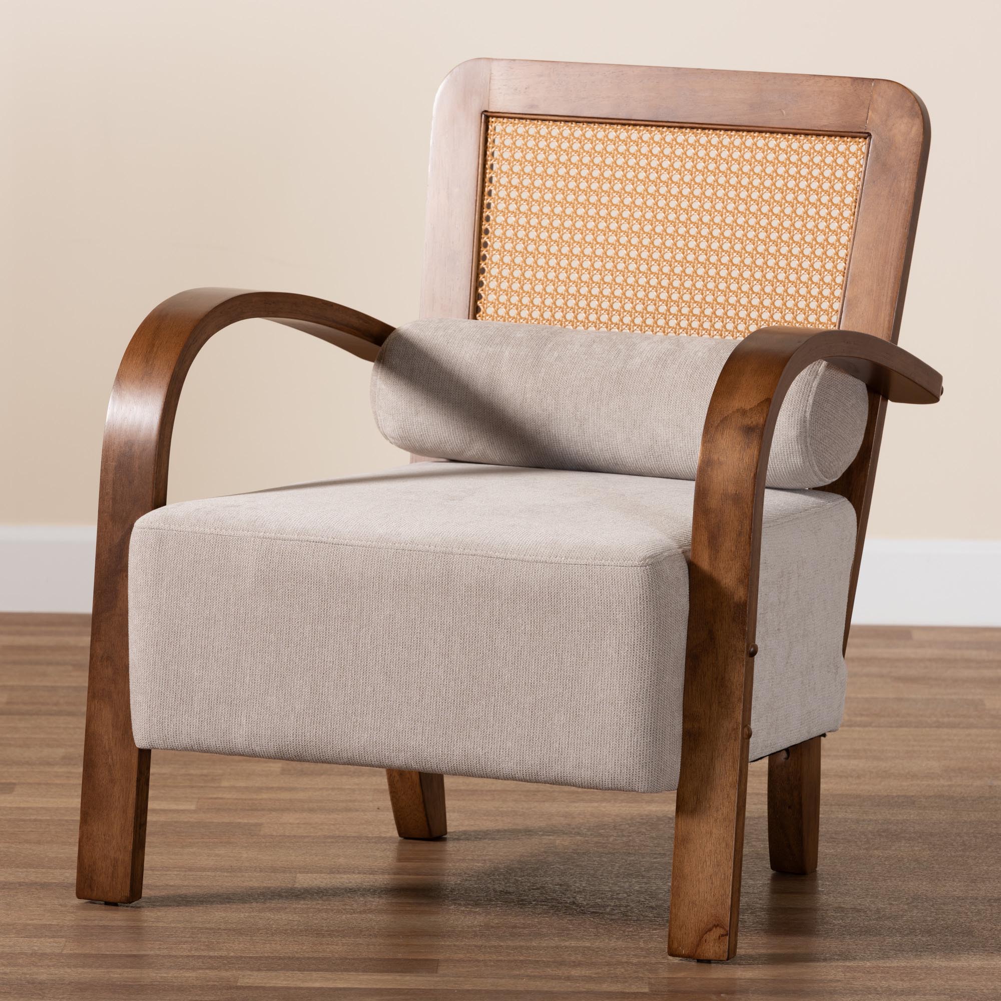 Baxton Studio Sage Modern Japandi Light Grey Fabric and Walnut Brown Finished Wood Arm Chair with Woven Rattan