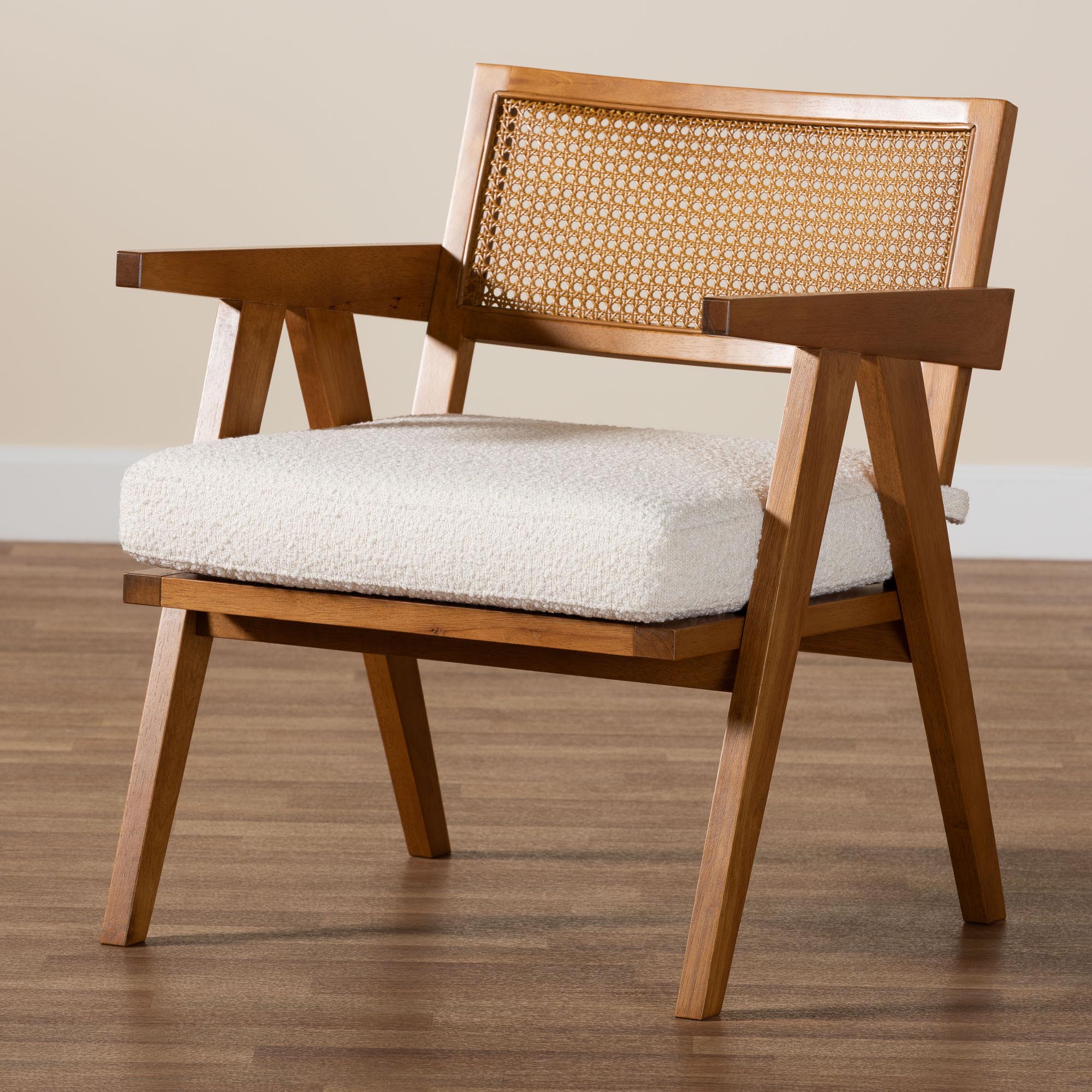 Baxton Studio Jetsam Japandi Cream Boucle Fabric and Walnut Brown Finished Wood Arm Chair
