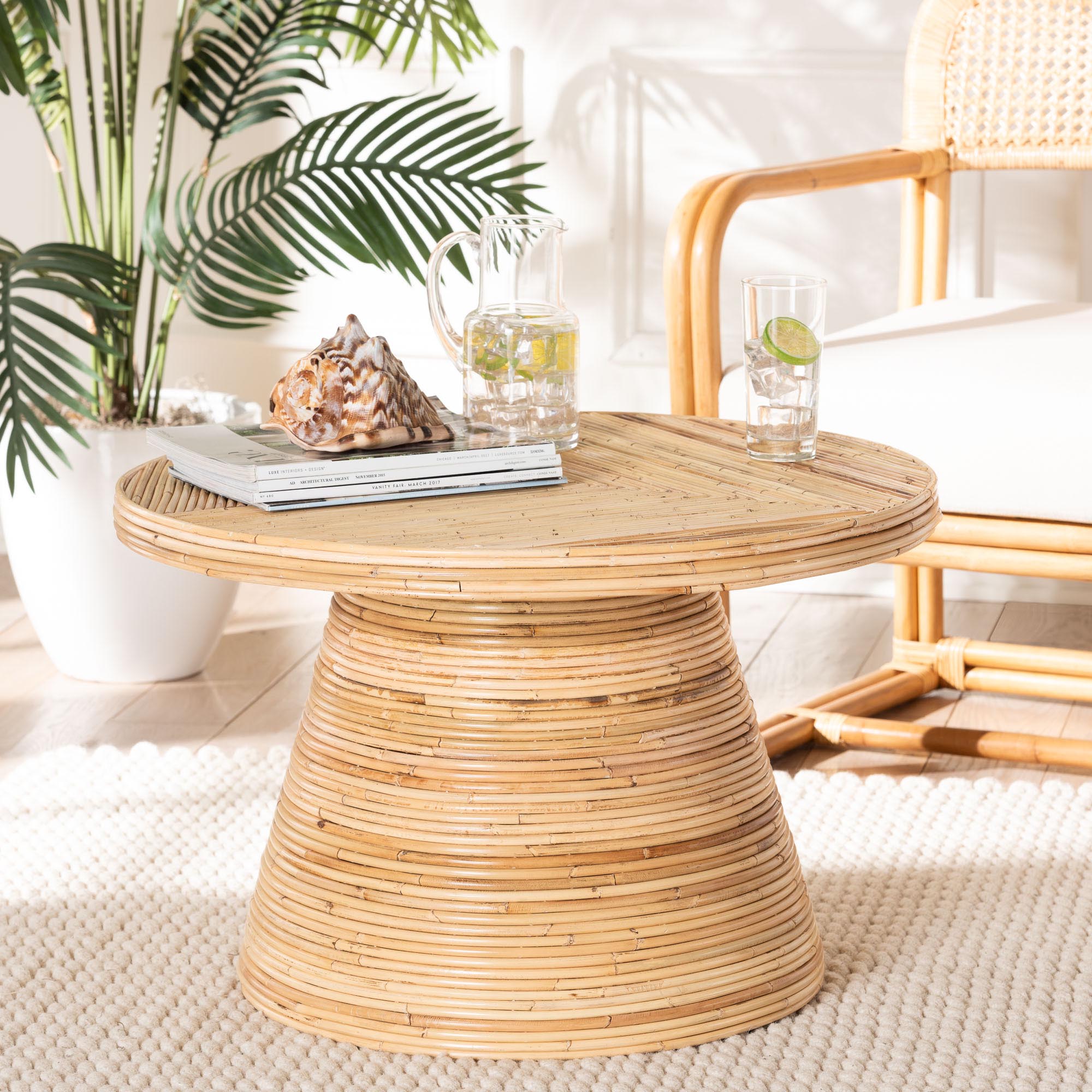 bali & pari Bella Modern Bohemian Natural Rattan and Mahogany Wood Coffee Table