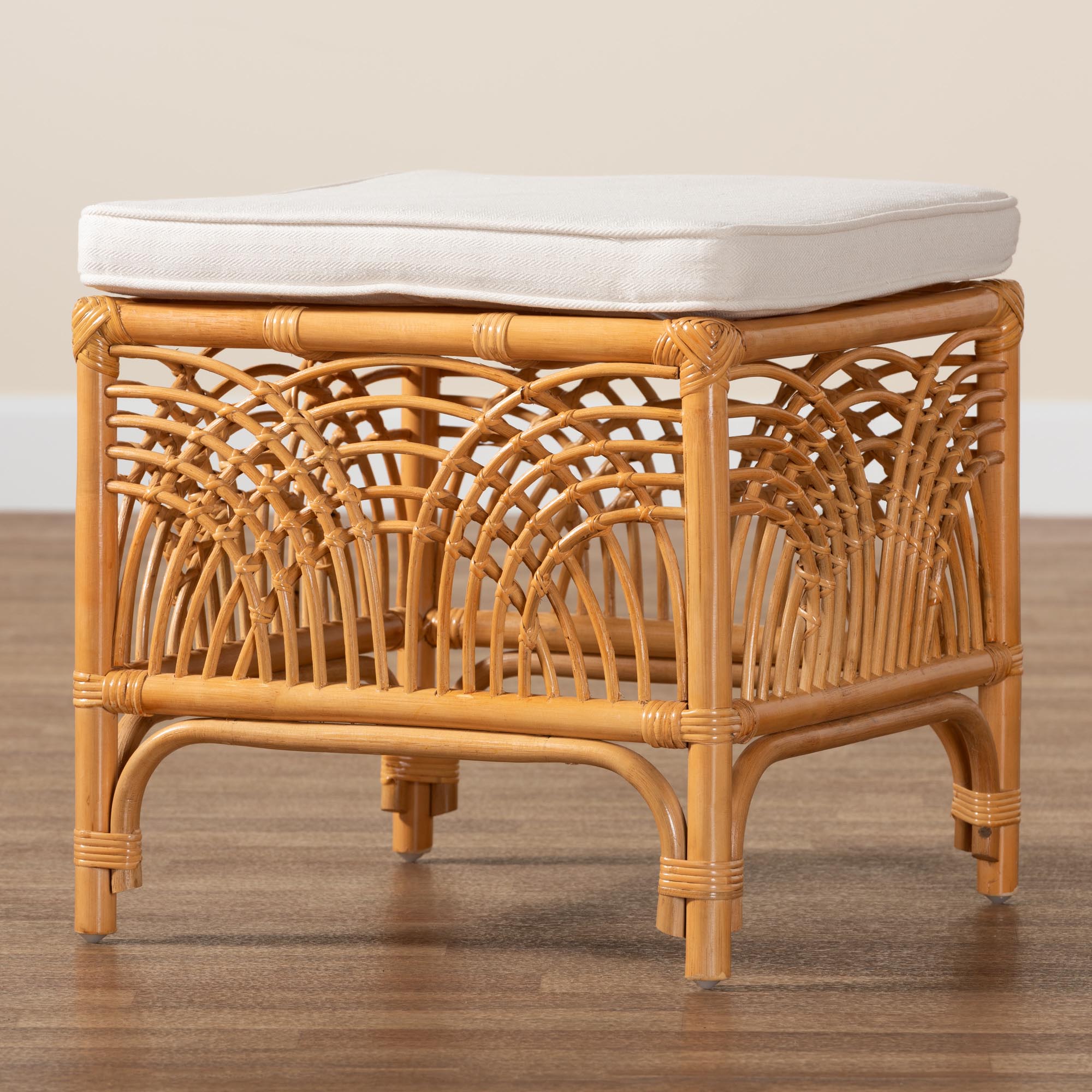 bali & pari Materra Modern bohemian Natural Brown Rattan Footstool
