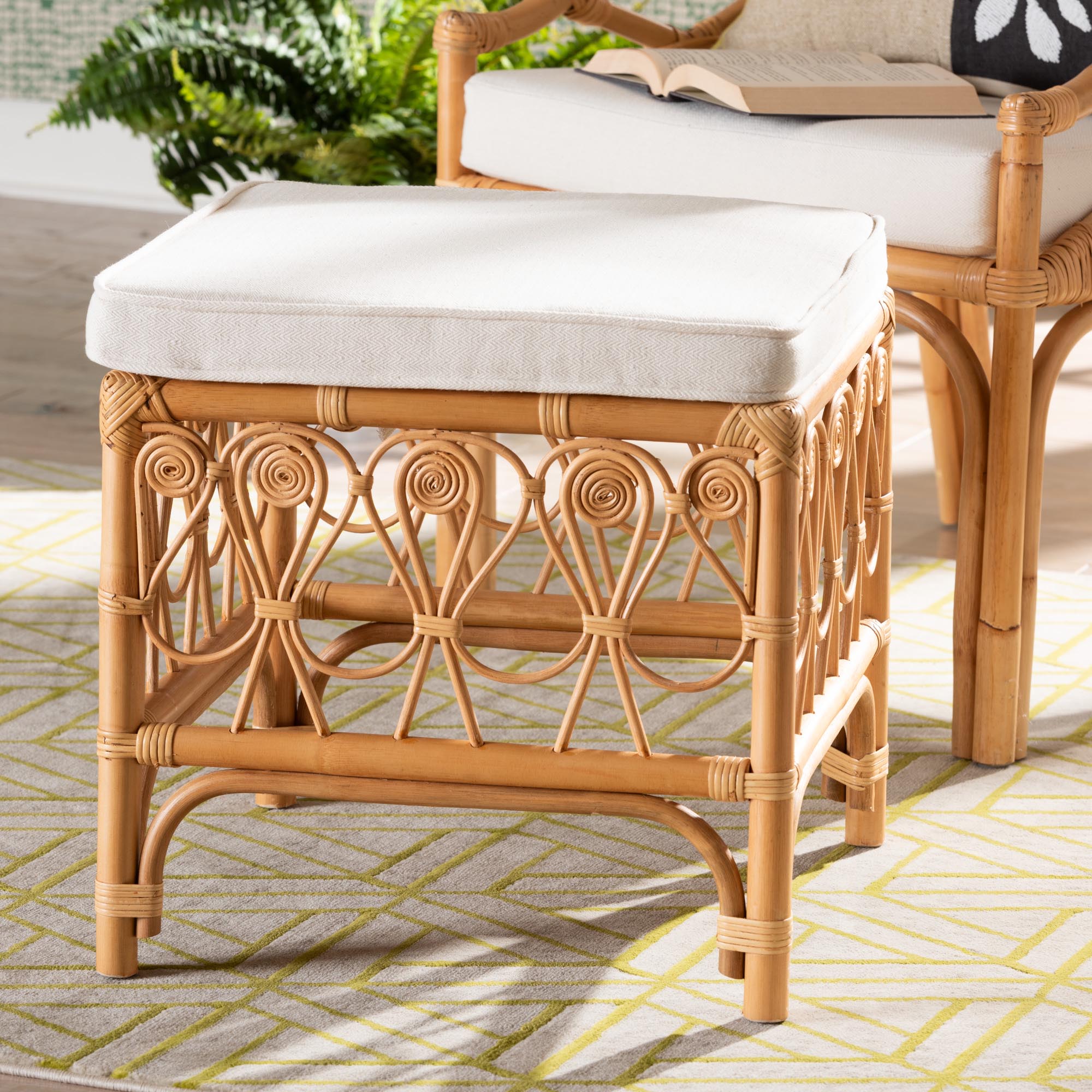 bali & pari Ibiza Modern bohemian Natural Brown Rattan Footstool