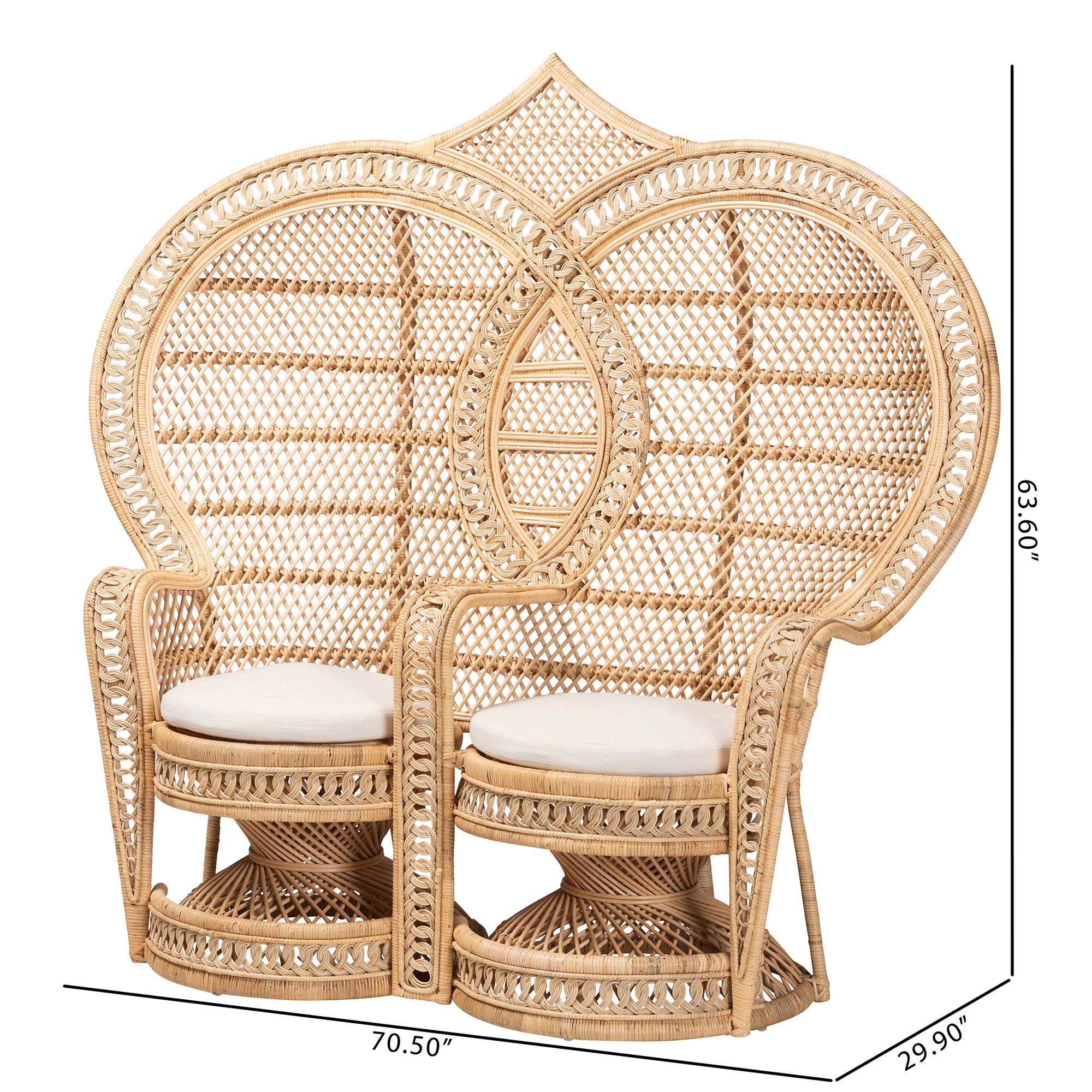bali & pari Nerita Modern Bohemian Natural Brown Rattan Two-Seater Peacock Chair