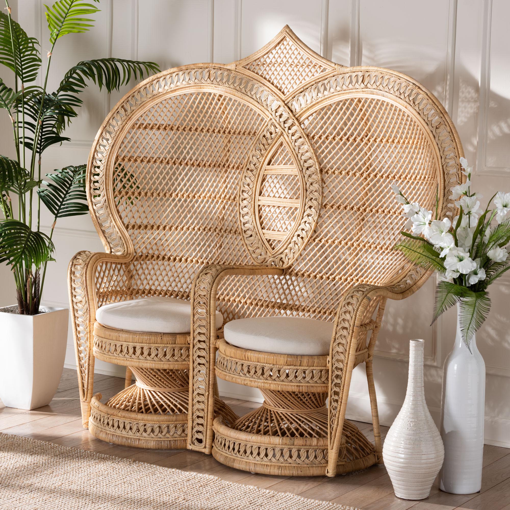 bali & pari Nerita Modern Bohemian Natural Brown Rattan Two-Seater Peacock Chair