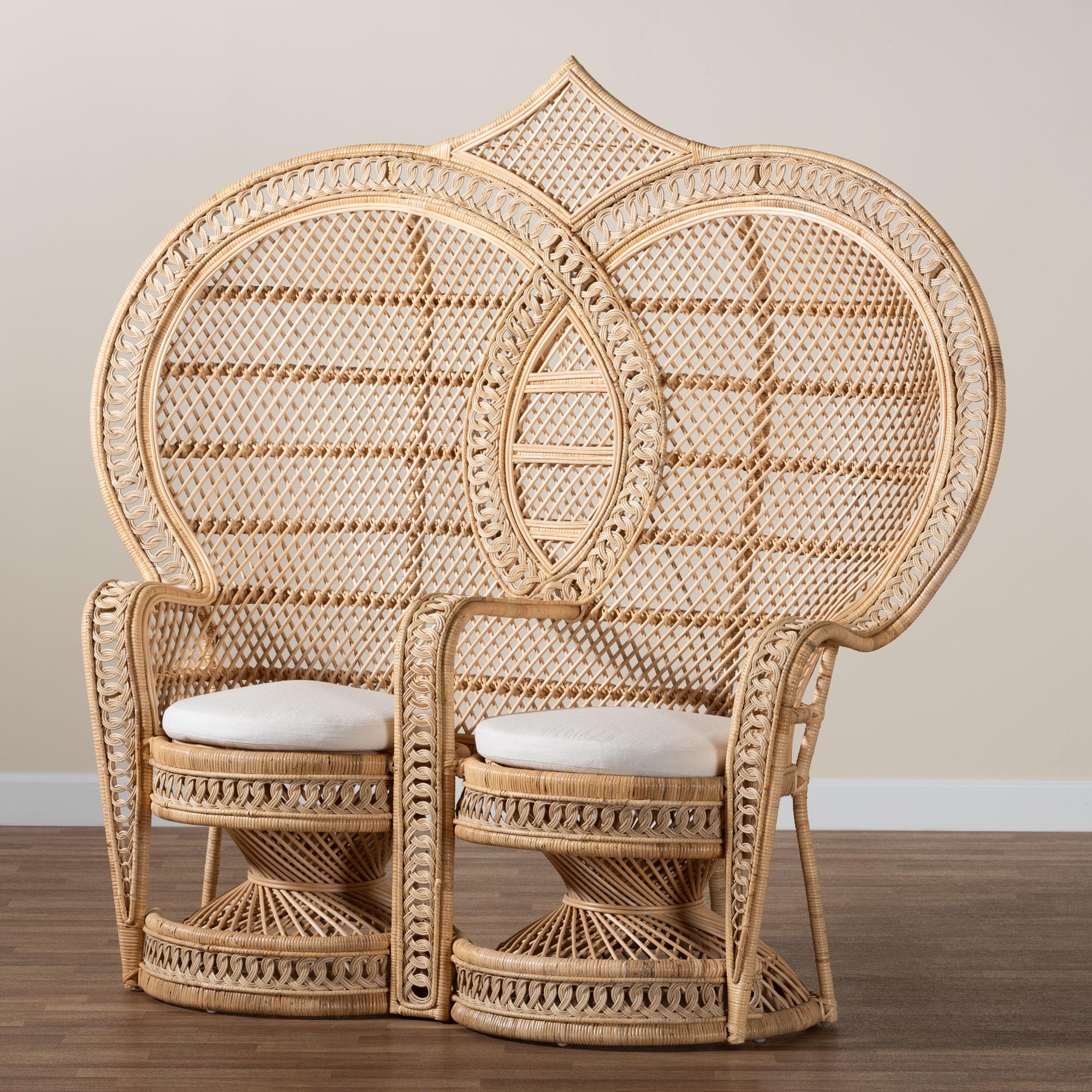 bali & pari Nerita Modern Bohemian Natural Brown Rattan Two-Seater Peacock Chair