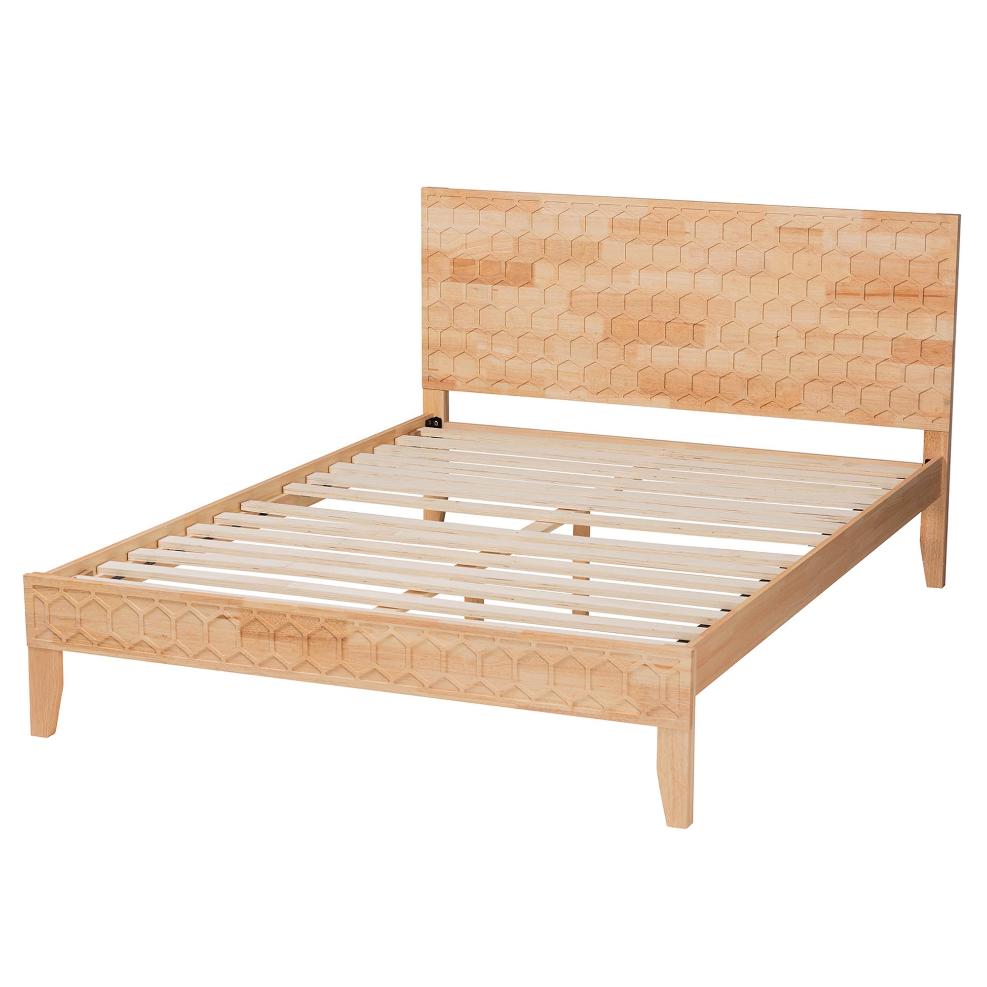 Baxton Studio Hosea Japandi Carved Honeycomb Natural Queen Size Platform Bed