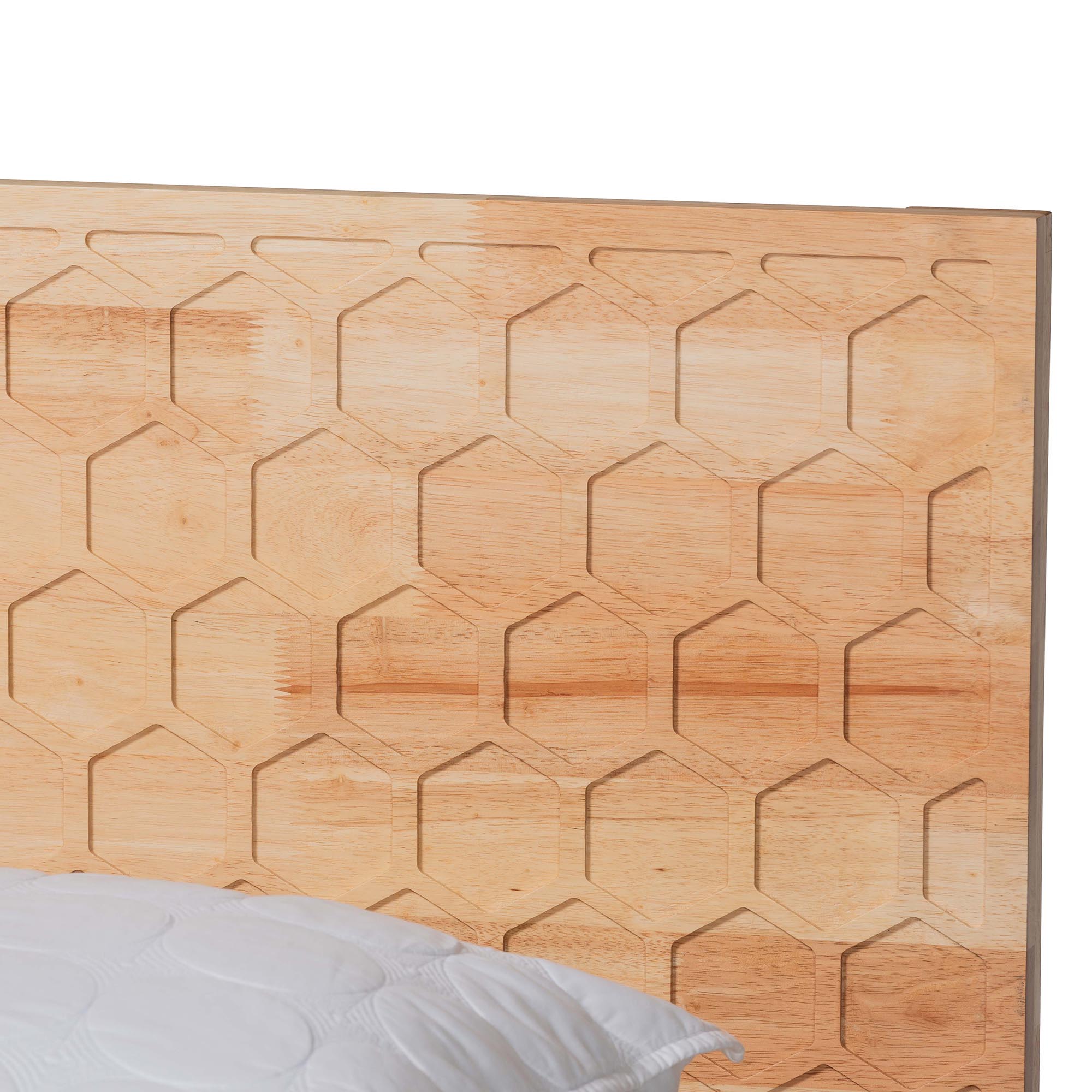 Baxton Studio Hosea Japandi Carved Honeycomb Natural Queen Size Platform Bed