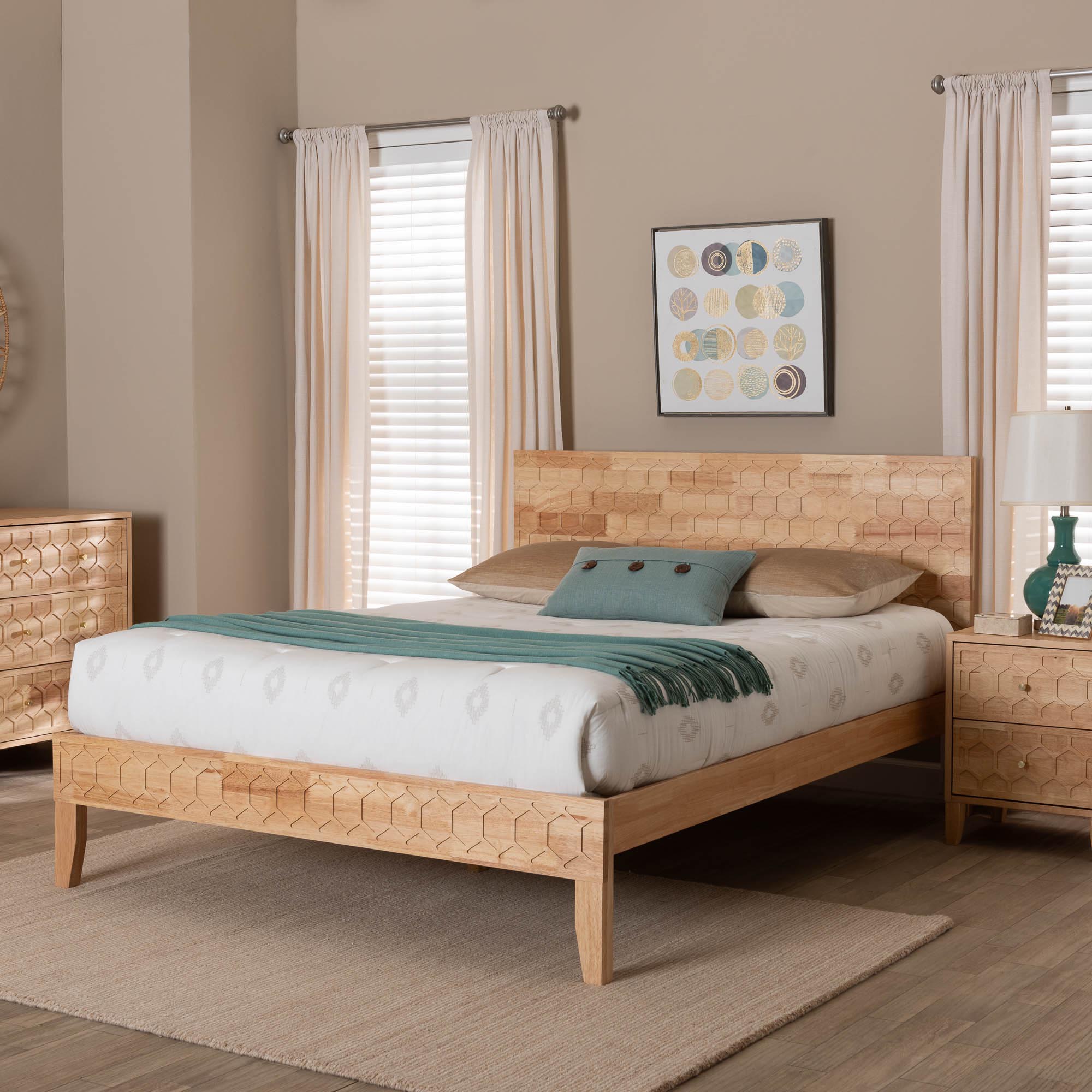 Baxton Studio Hosea Japandi Carved Honeycomb Natural King Size Platform Bed
