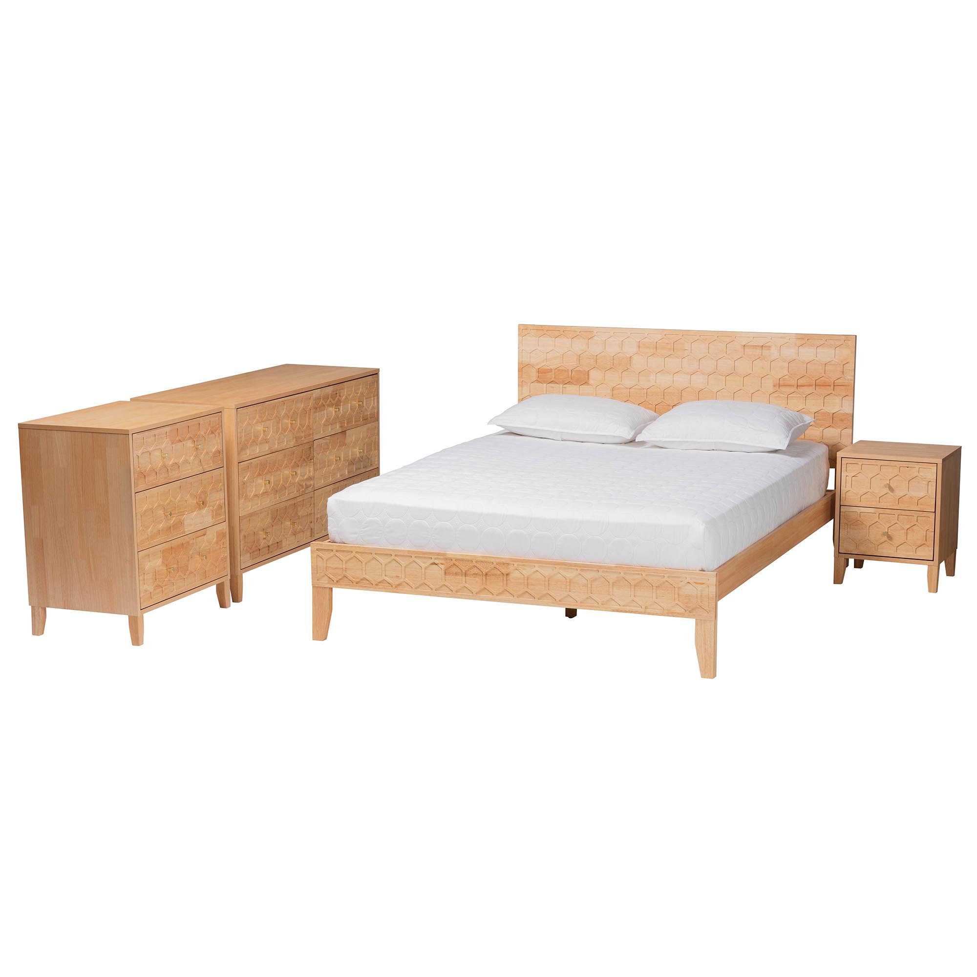 Baxton Studio Hosea Japandi Carved Honeycomb Natural King Size 4-Piece Bedroom Set