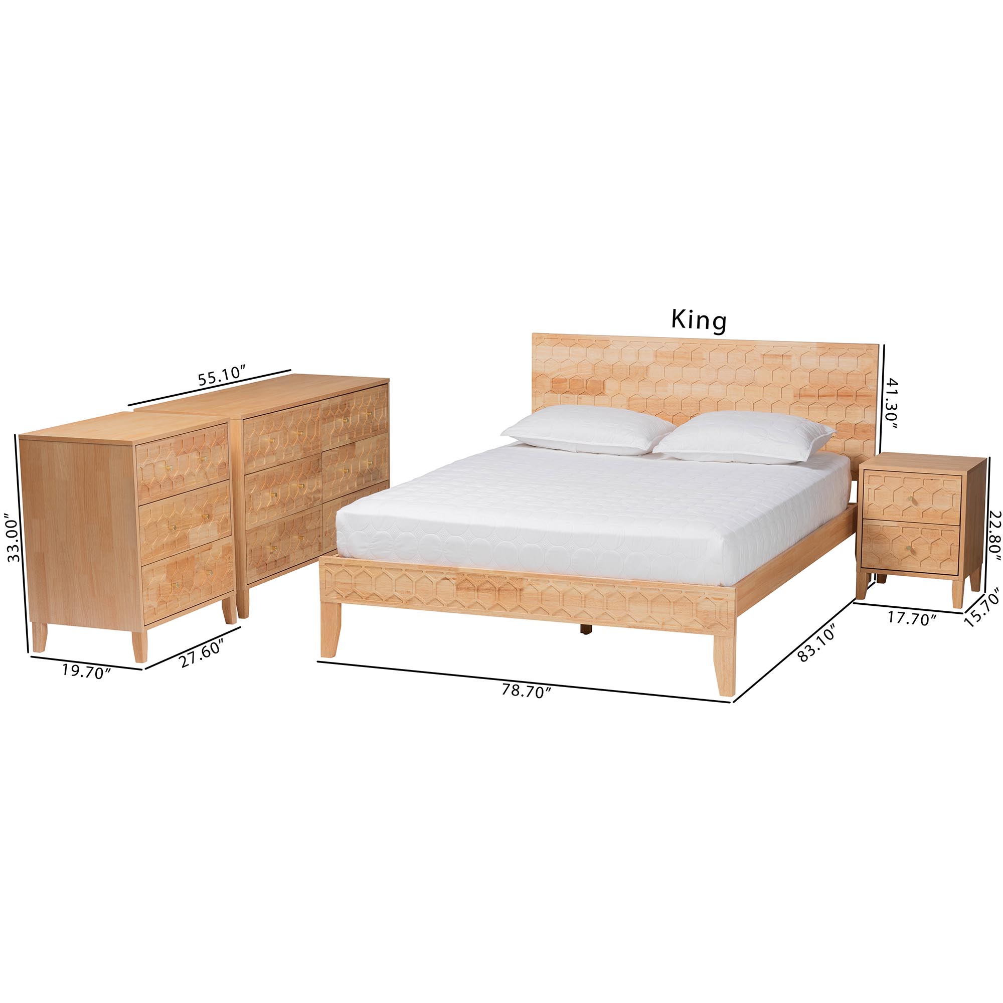 Baxton Studio Hosea Japandi Carved Honeycomb Natural Queen Size 4-Piece Bedroom Set