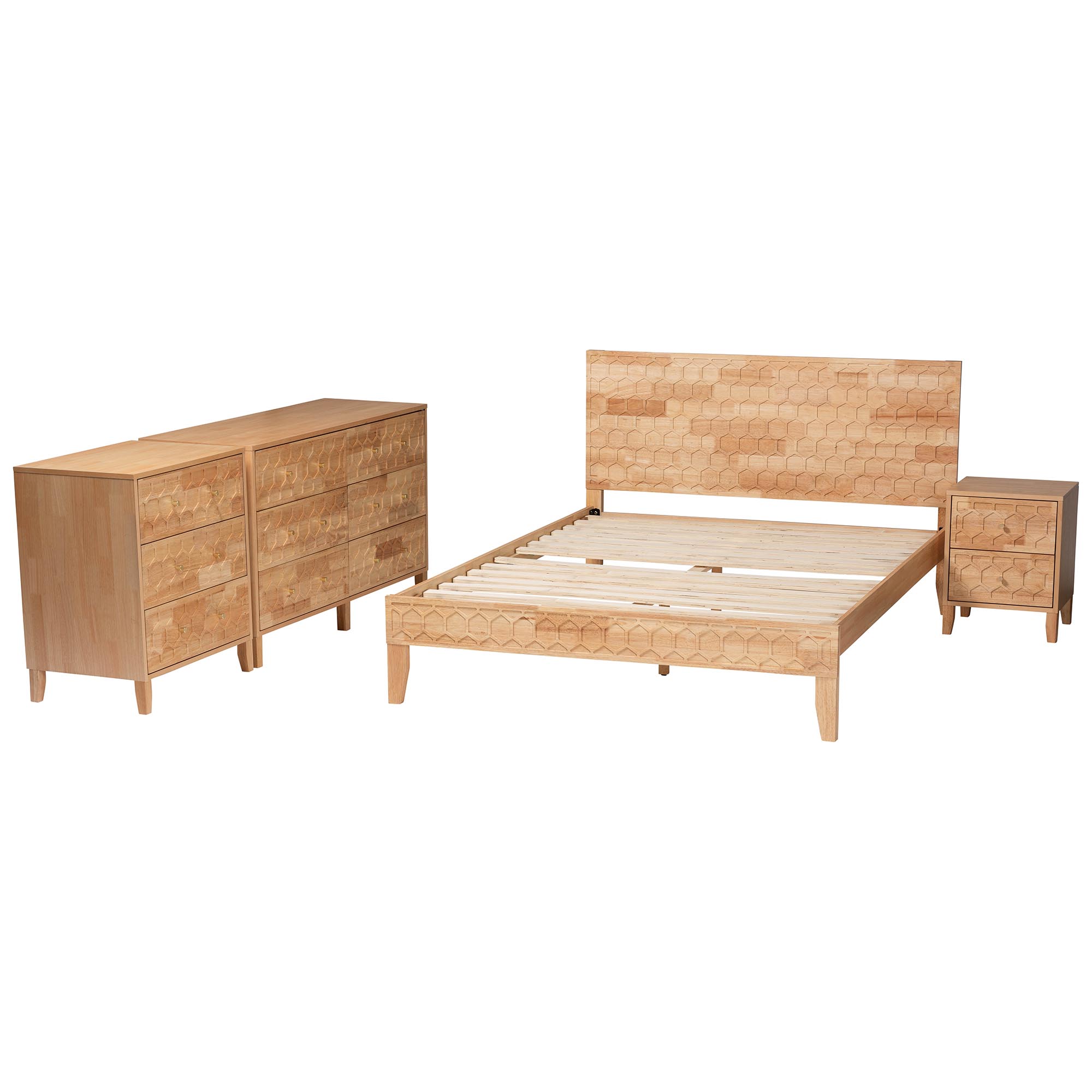 Baxton Studio Hosea Japandi Carved Honeycomb Natural Queen Size 4-Piece Bedroom Set