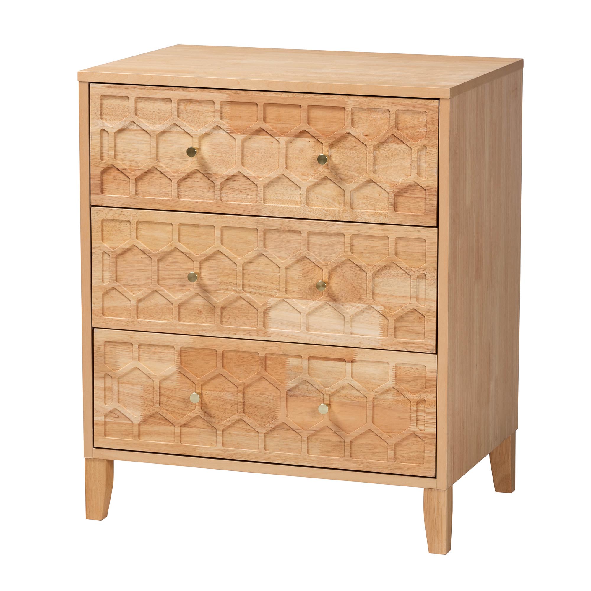 Baxton Studio Hosea Japandi Carved Honeycomb Natural Queen Size 4-Piece Bedroom Set