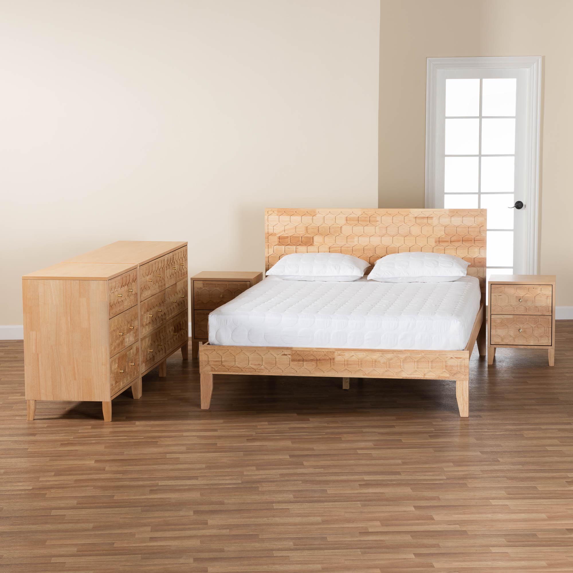 Baxton Studio Hosea Japandi Carved Honeycomb Natural King Size 5-Piece Bedroom Set