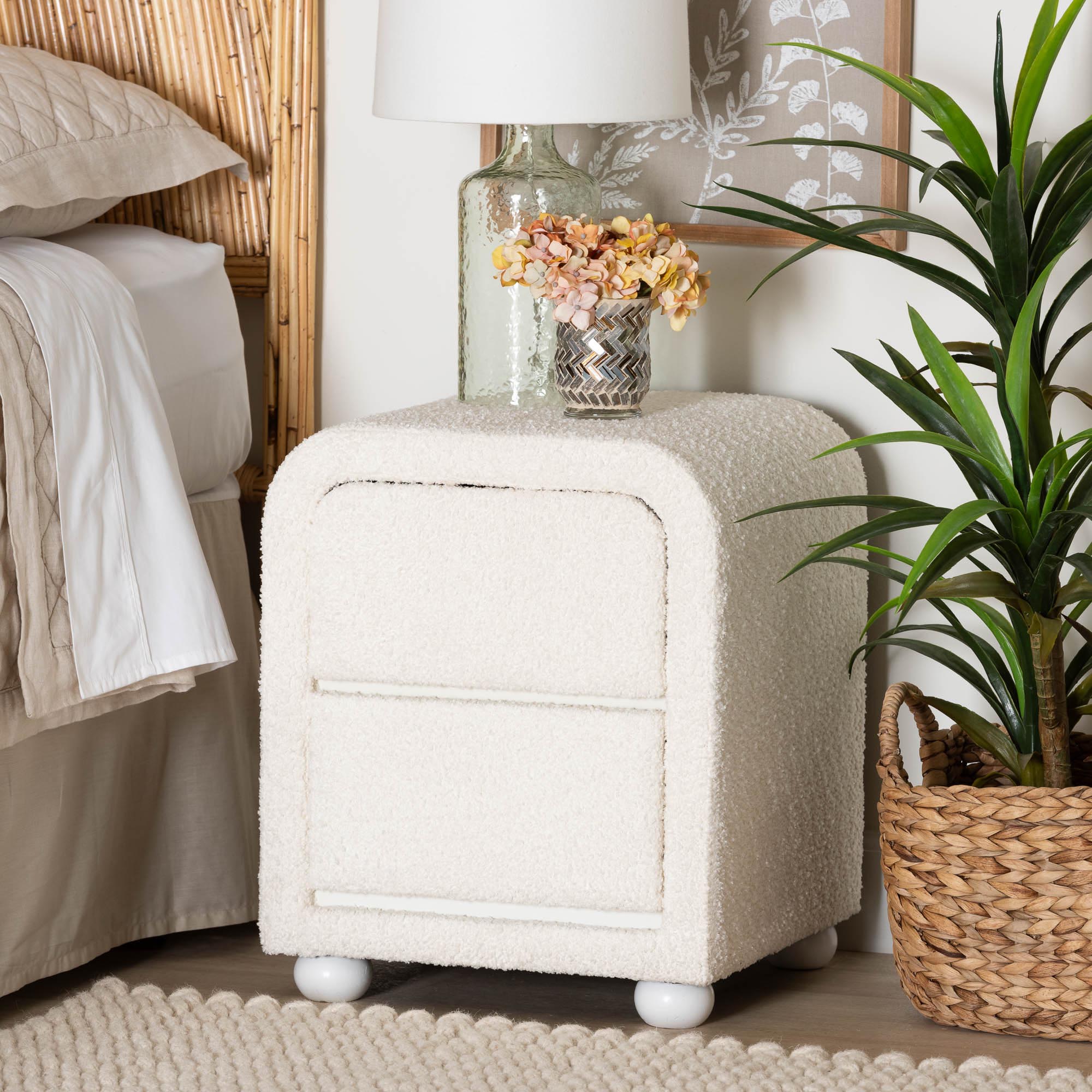 Baxton Studio Bonilla Modern White Teddy-Bear Fabric and Rubberwood 2-Drawer Nightstand