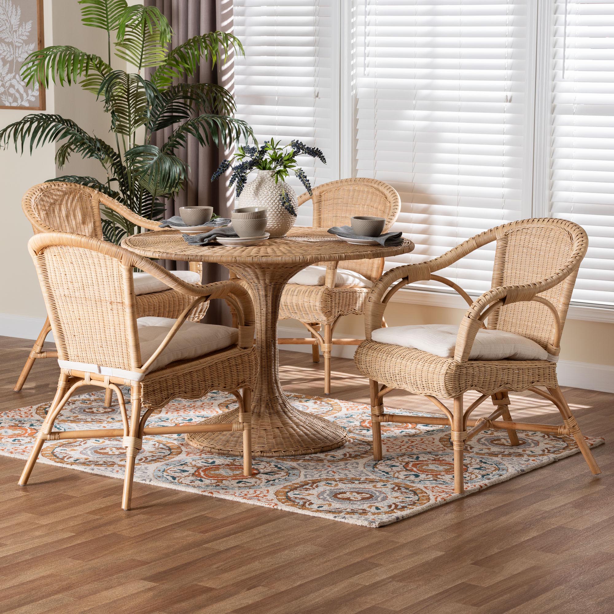 bali & pari Liam 5-Piece Natural Rattan Dining Set - Handwoven Wicker Dining Furniture with Cushioned Seats, Boho Coastal Kitchen or Dining Room Set