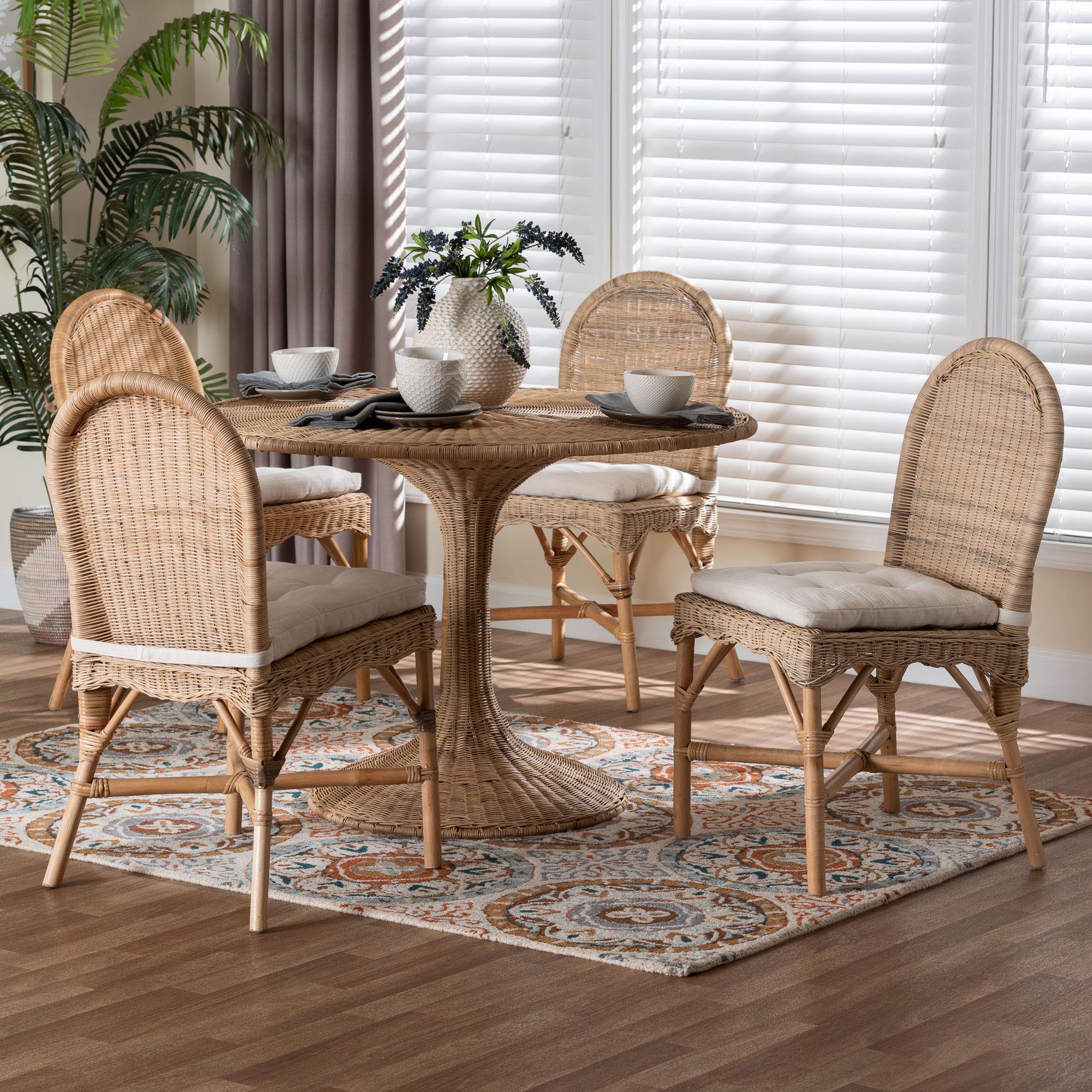bali & pari Linda 5-Piece Natural Rattan Dining Set - Handwoven Wicker Dining Furniture with Cushioned Seats, Boho Coastal Kitchen or Dining Room Set