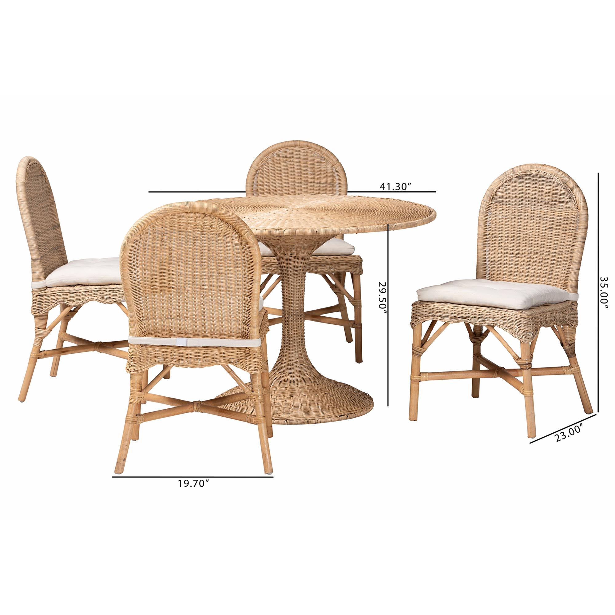 bali & pari Linda 5-Piece Natural Rattan Dining Set - Handwoven Wicker Dining Furniture with Cushioned Seats, Boho Coastal Kitchen or Dining Room Set