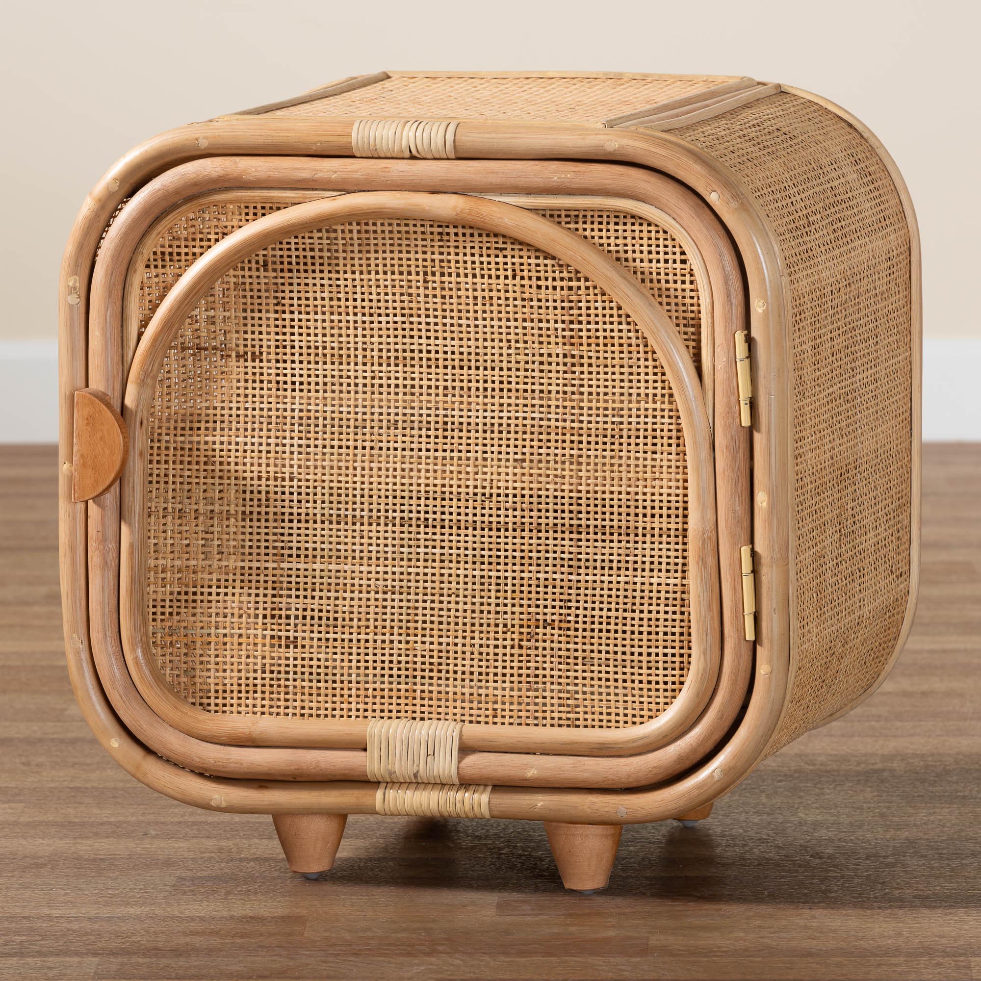 bali & pari Keita Bohemian Natural Rattan and Mahogany Wood Nightstand