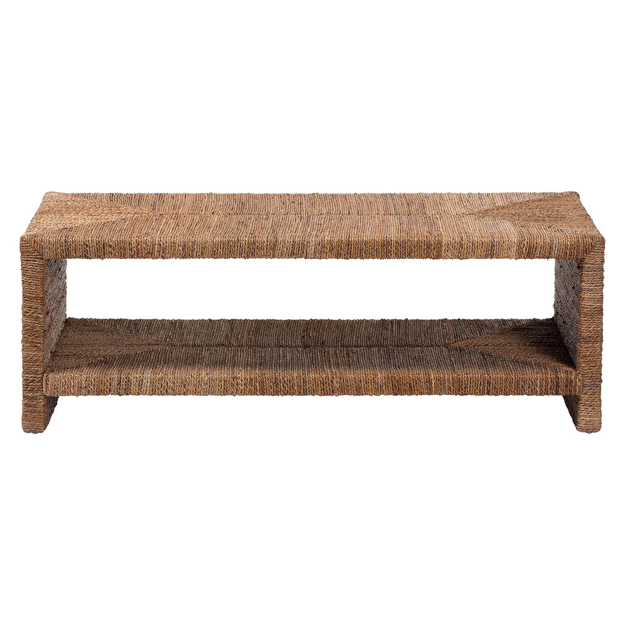 bali & pari Liza Rectangle Seagrass Coffee Table - Handwoven Natural Fiber Frame with Open Shelf, Coastal Boho Furniture for Living Room or Lounge