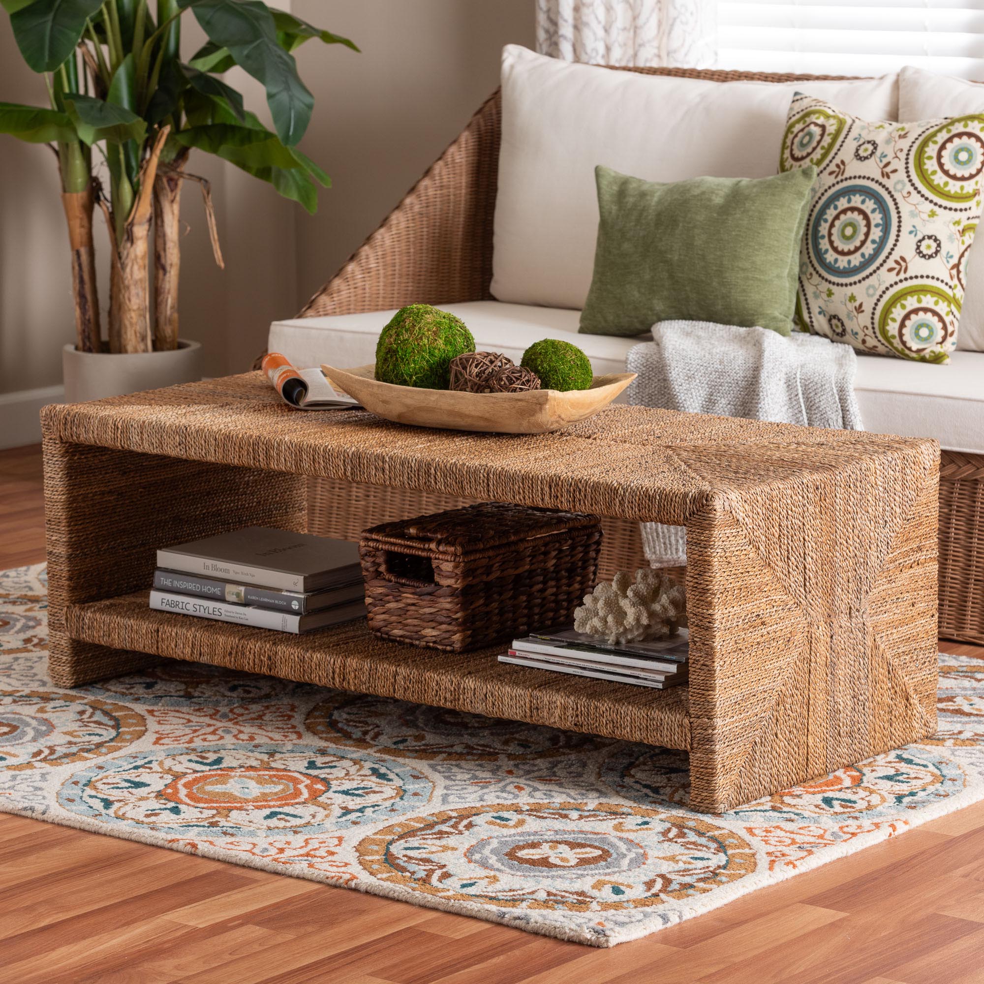bali & pari Liza Rectangle Seagrass Coffee Table - Handwoven Natural Fiber Frame with Open Shelf, Coastal Boho Furniture for Living Room or Lounge