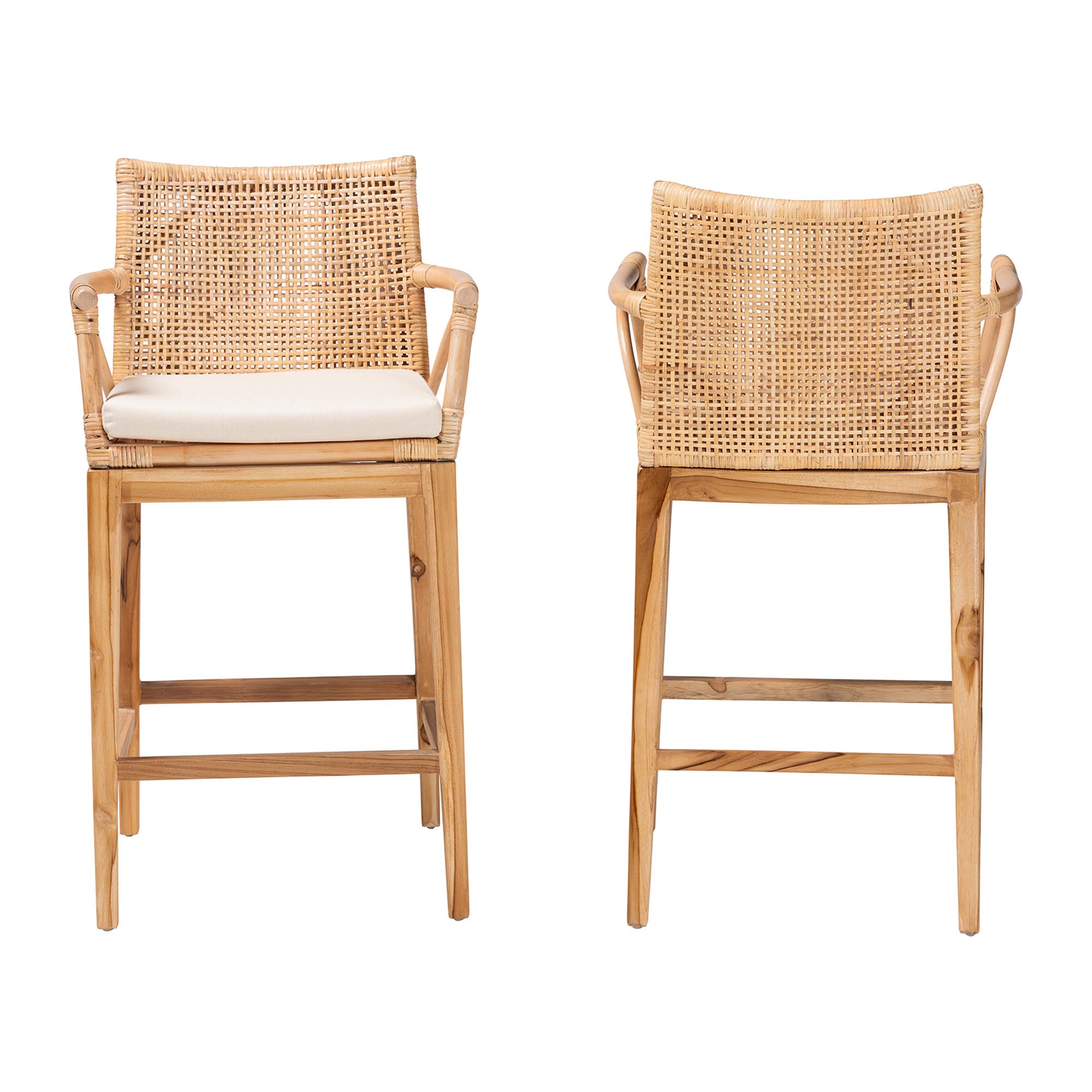 bali & pari Storsel Bohemian Natural Rattan and Teak Wood 2-Piece Counter Stool Set
