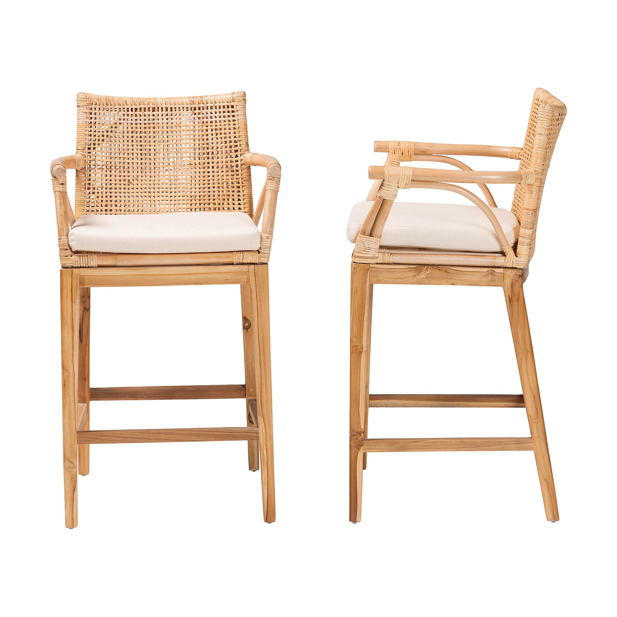 bali & pari Storsel Bohemian Natural Rattan and Teak Wood 2-Piece Counter Stool Set