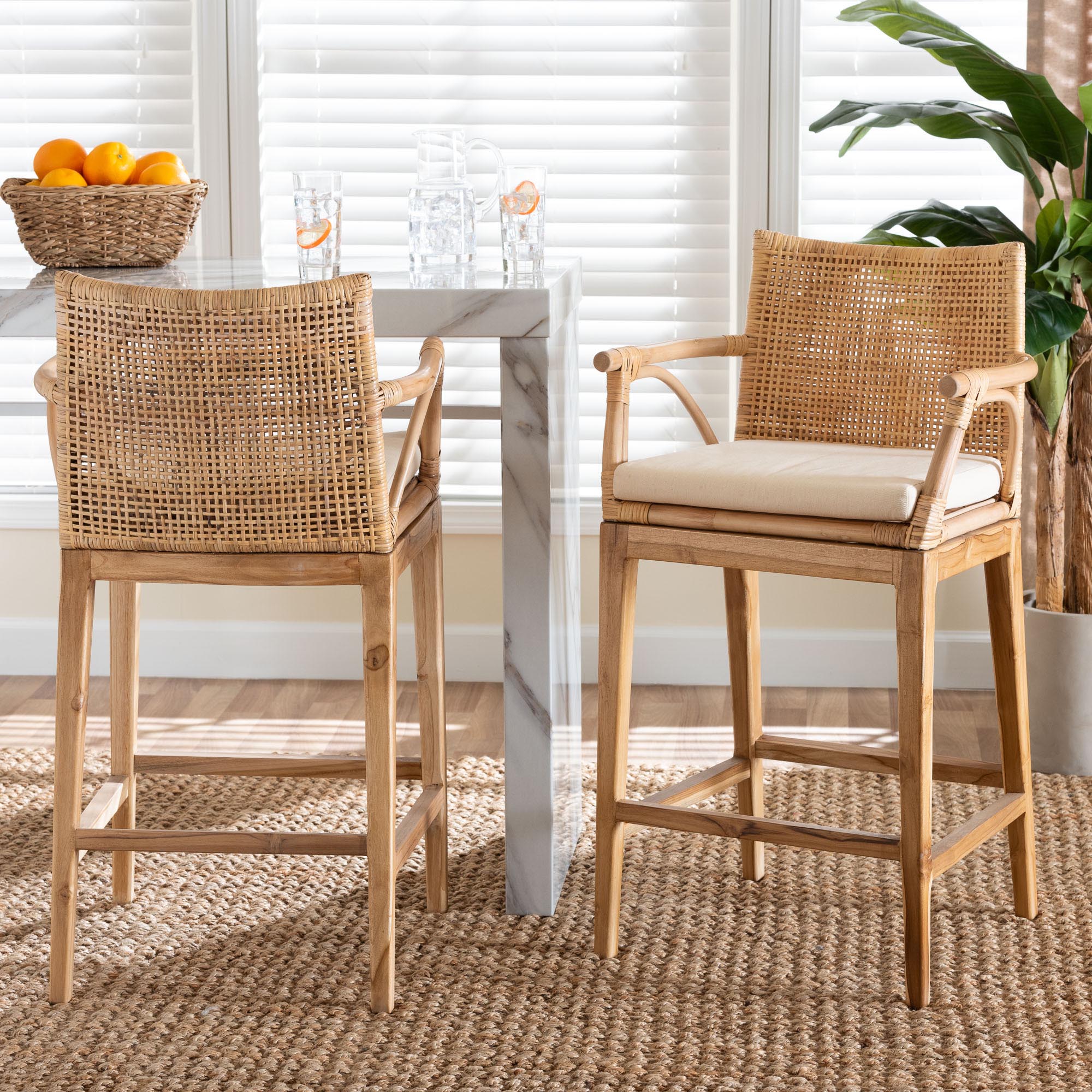 bali & pari Storsel Bohemian Natural Rattan and Teak Wood 2-Piece Counter Stool Set