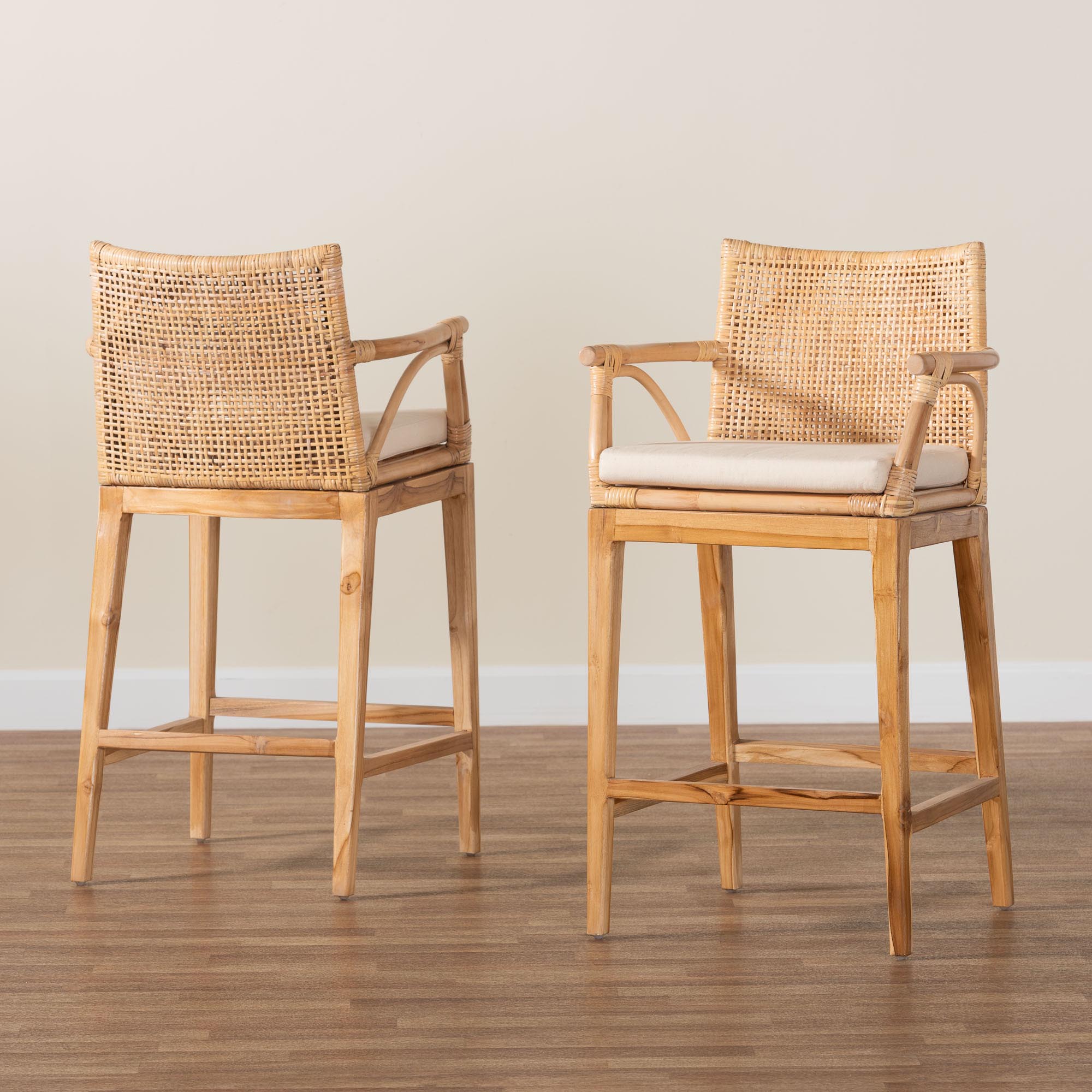 bali & pari Storsel Bohemian Natural Rattan and Teak Wood 2-Piece Counter Stool Set