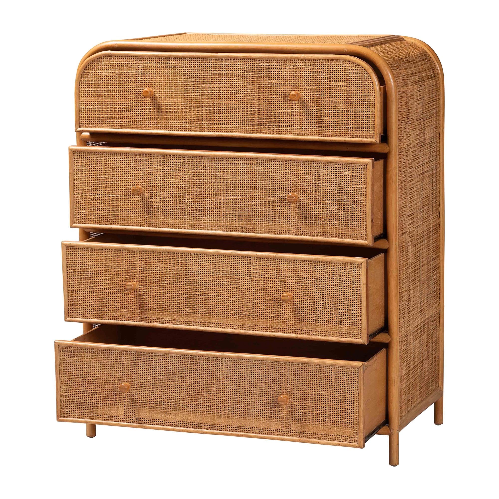 bali & pari Sampit Natural Rattan 4-Drawer Storage Cabinet - Handwoven Cane Displaying Unit with Rounded Frame, Boho Coastal Accent Furniture for Hallway, Living room or Bathroom