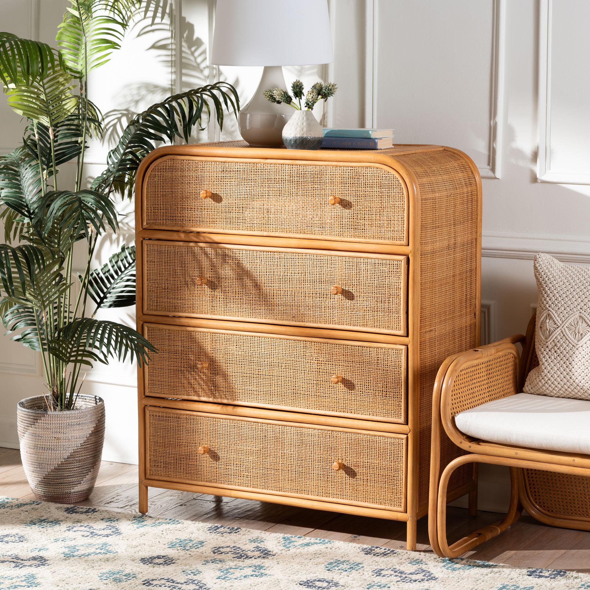 bali & pari Sampit Natural Rattan 4-Drawer Storage Cabinet - Handwoven Cane Displaying Unit with Rounded Frame, Boho Coastal Accent Furniture for Hallway, Living room or Bathroom