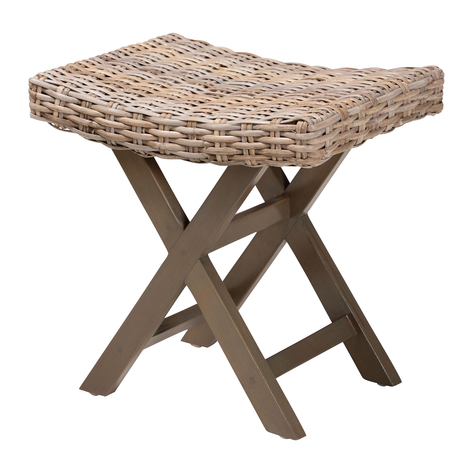 bali & pari Hayate Bohemian Grey Kubu Rattan and Mahogany Wood Ottoman Footstool