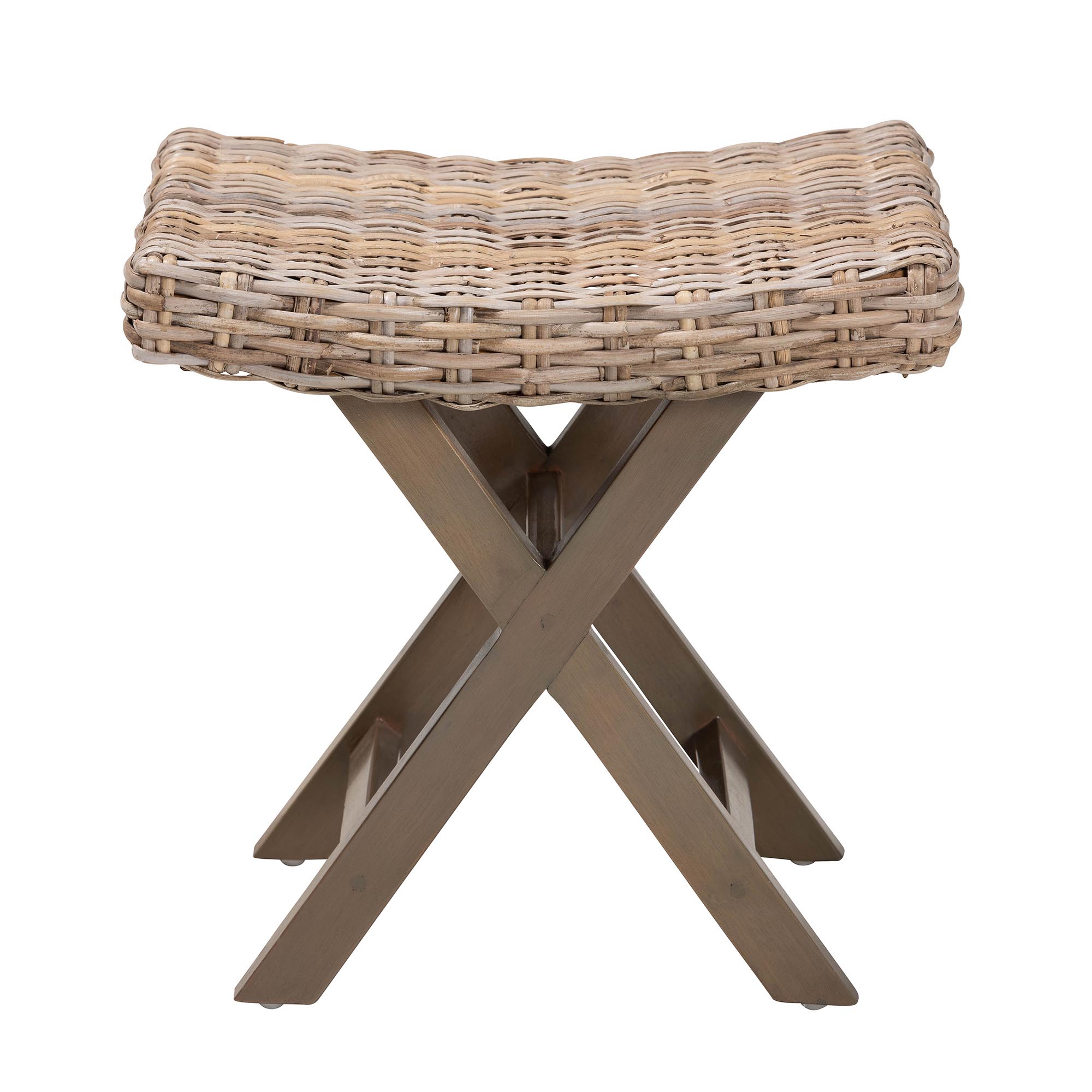 bali & pari Hayate Bohemian Grey Kubu Rattan and Mahogany Wood Ottoman Footstool