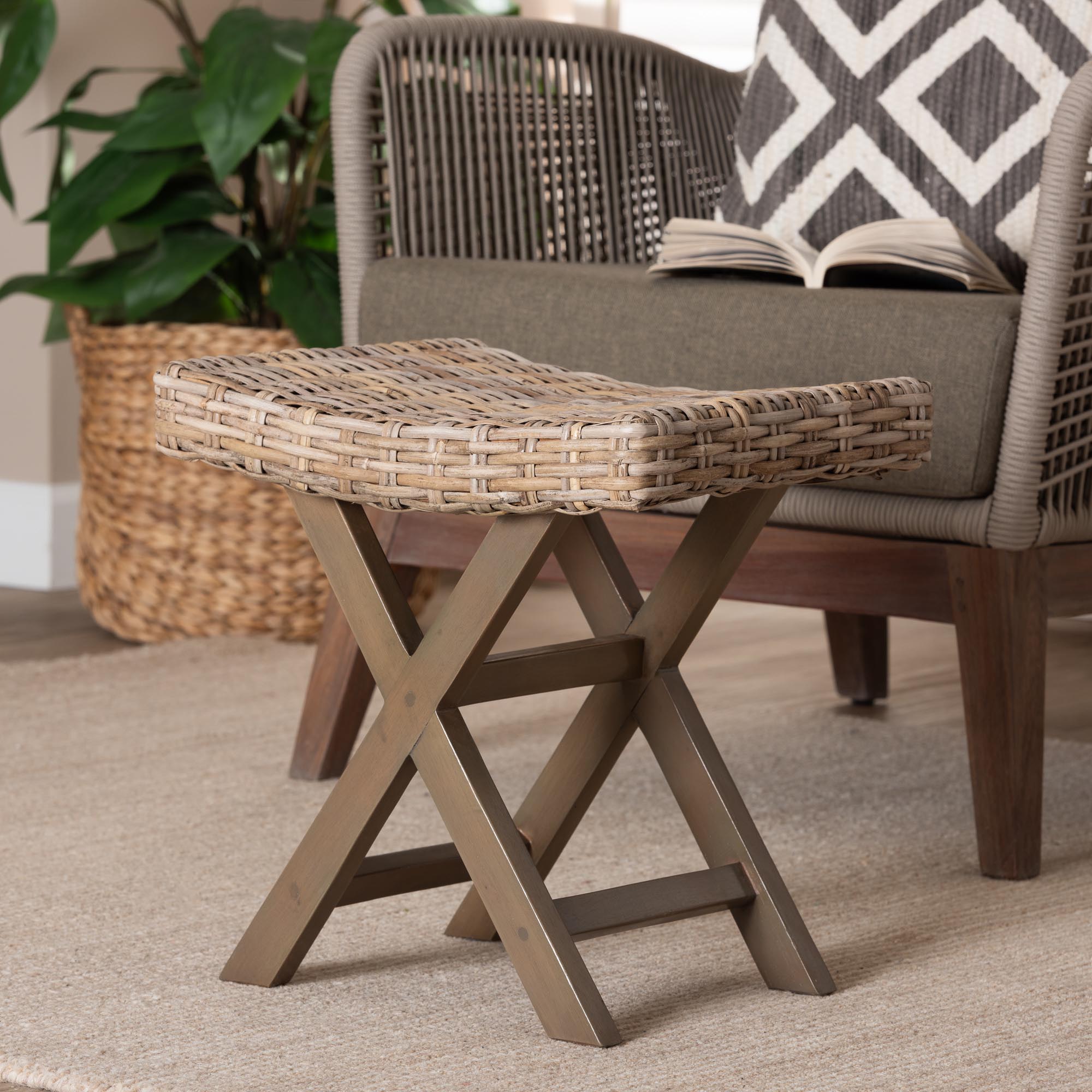 bali & pari Hayate Bohemian Grey Kubu Rattan and Mahogany Wood Ottoman Footstool