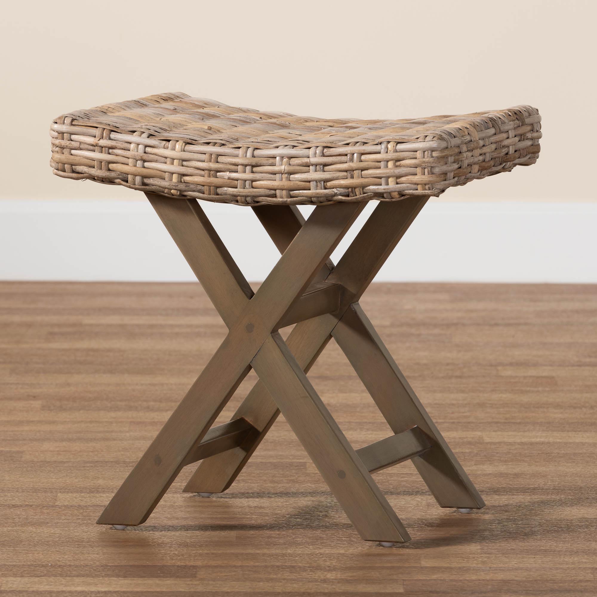 bali & pari Hayate Bohemian Grey Kubu Rattan and Mahogany Wood Ottoman Footstool