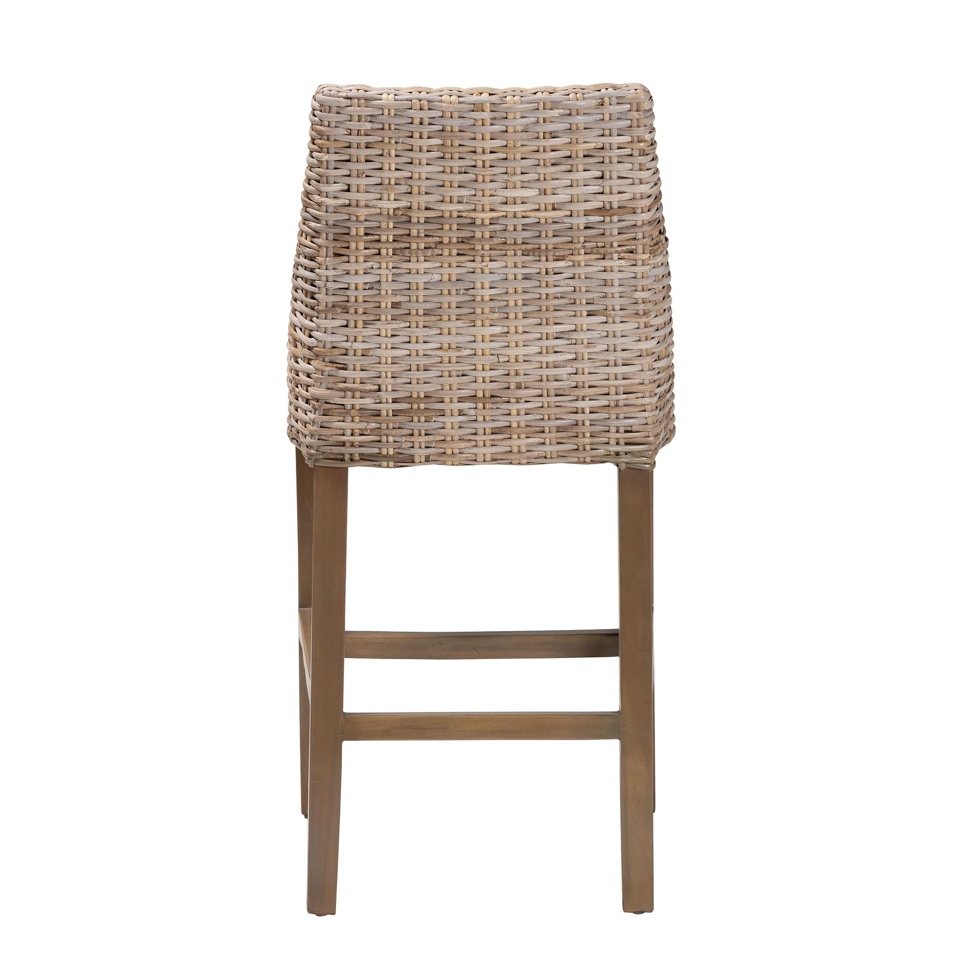 bali & pari Toby Modern Bohemian Grey Kubu Rattan and Rustic Taupe Finished Mahogany Wood Counter Stool