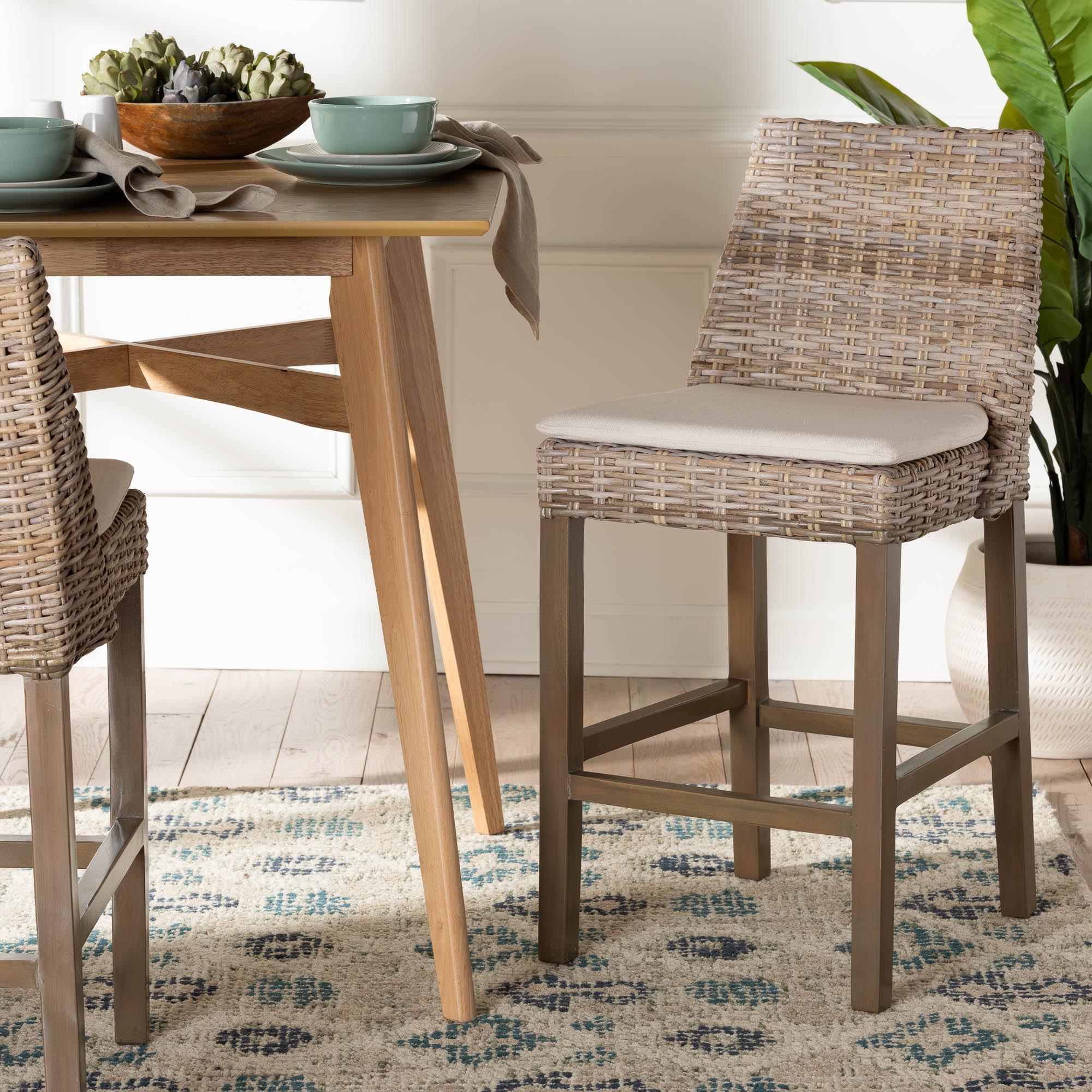 bali & pari Toby Modern Bohemian Grey Kubu Rattan and Rustic Taupe Finished Mahogany Wood Counter Stool