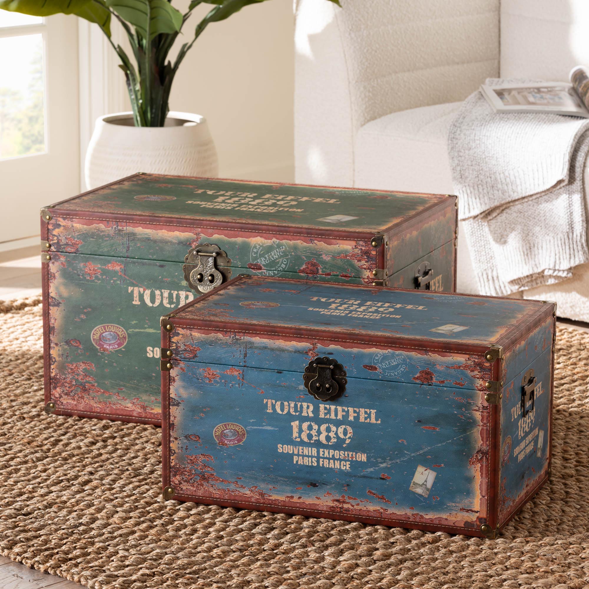 Baxton Studio Sabeen Vintage Parisian Faux Leather and Wood 2-Piece Storage Trunk Set