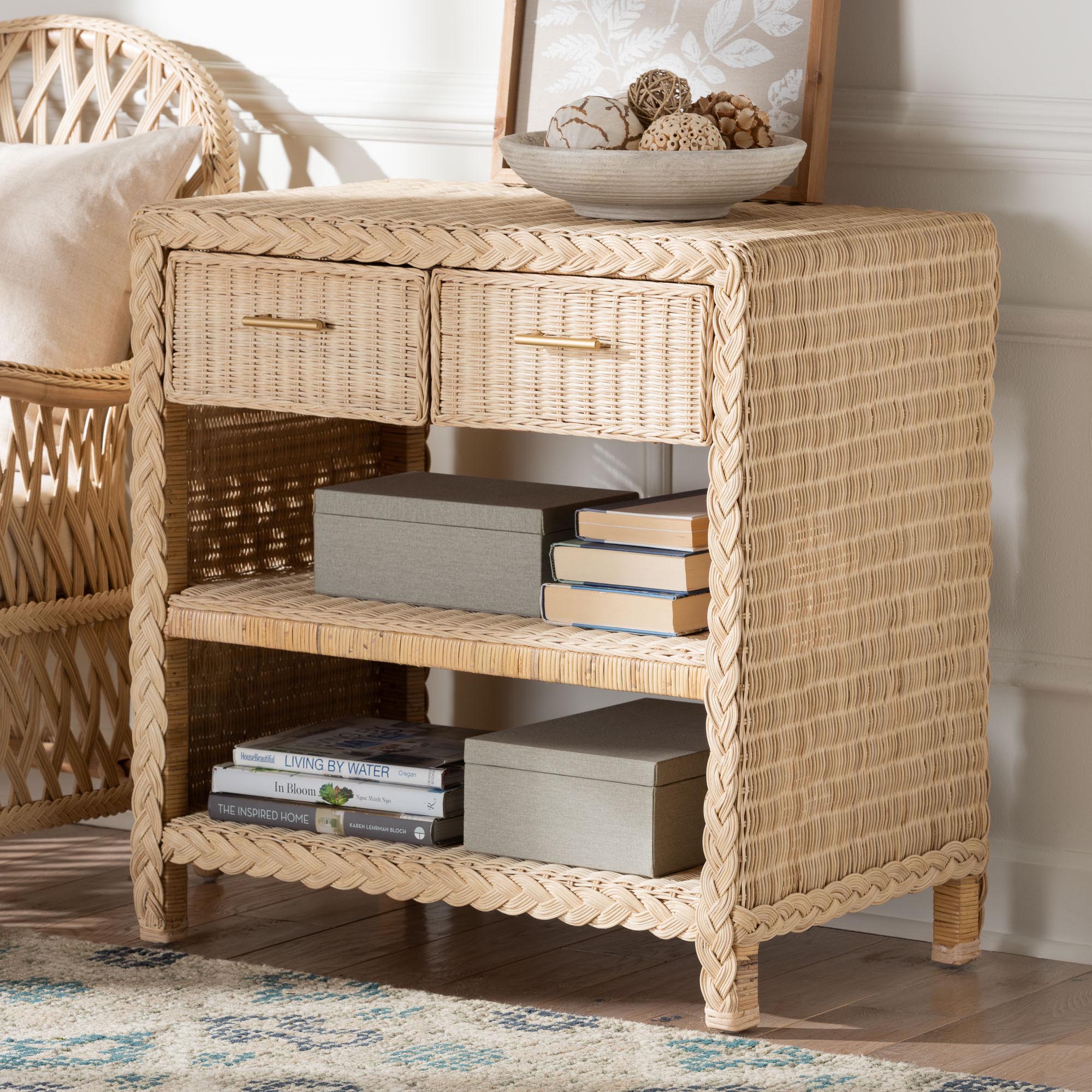 bali & pari Lanica Japandi Sun Bleached Rattan 2-Drawer Console Table