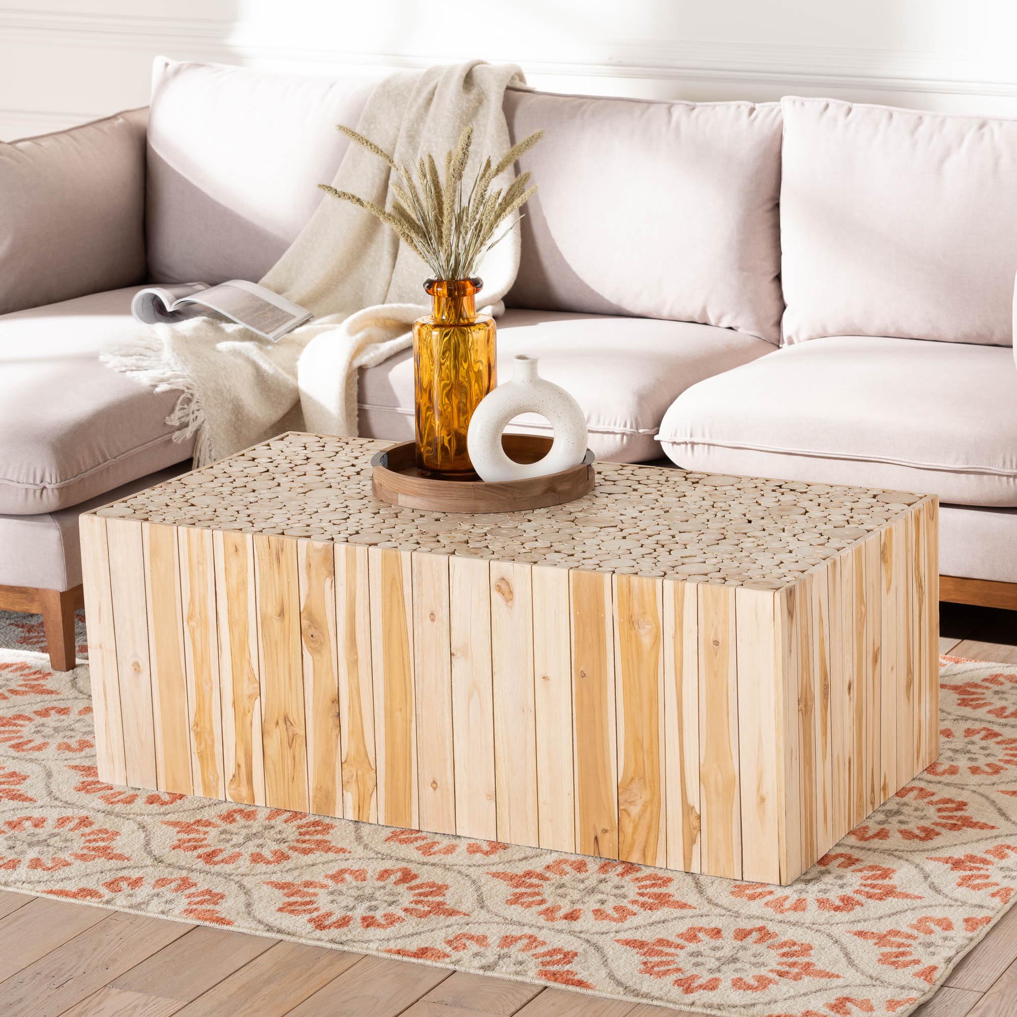 bali & pari Grayson Bohemian Natural Teak Wood Coffee Table with Unique Repurposed Wood Logs