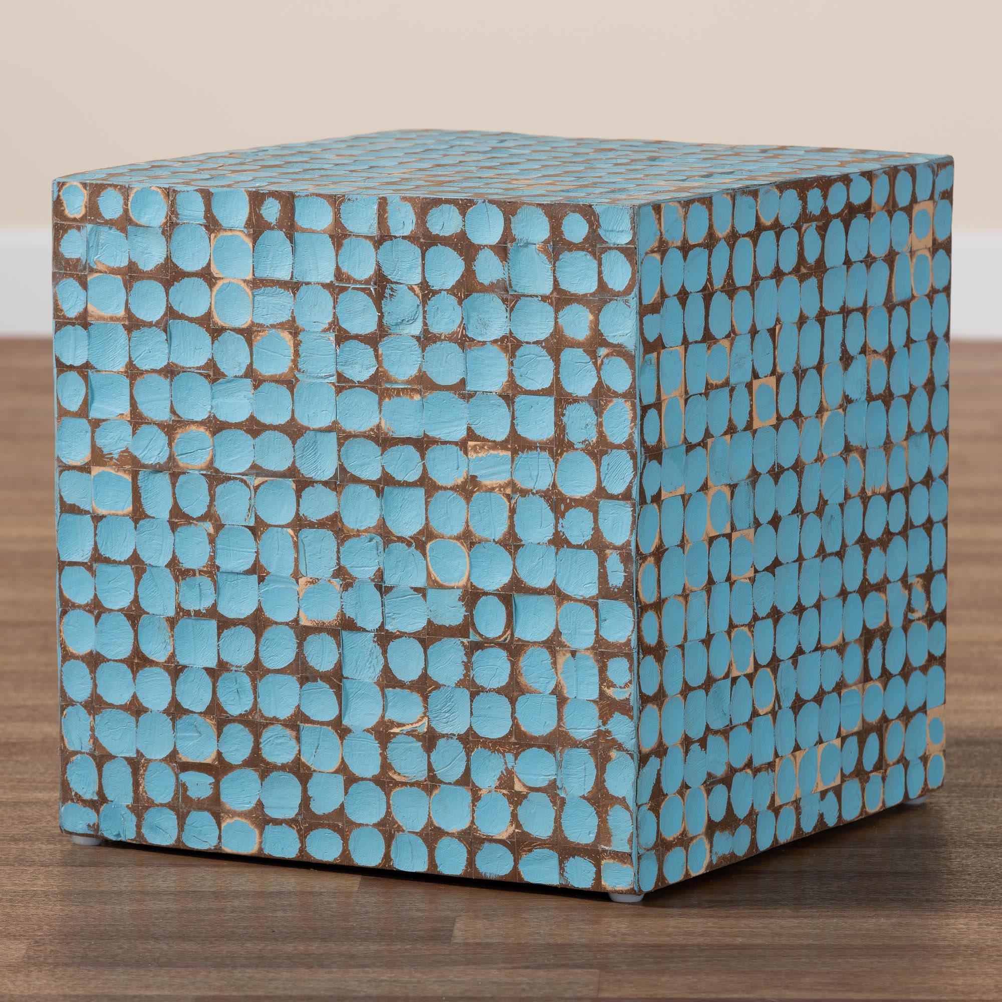 bali & pari Janella Bohemian Sky Blue Coconut Shell and Acacia Wood End Table