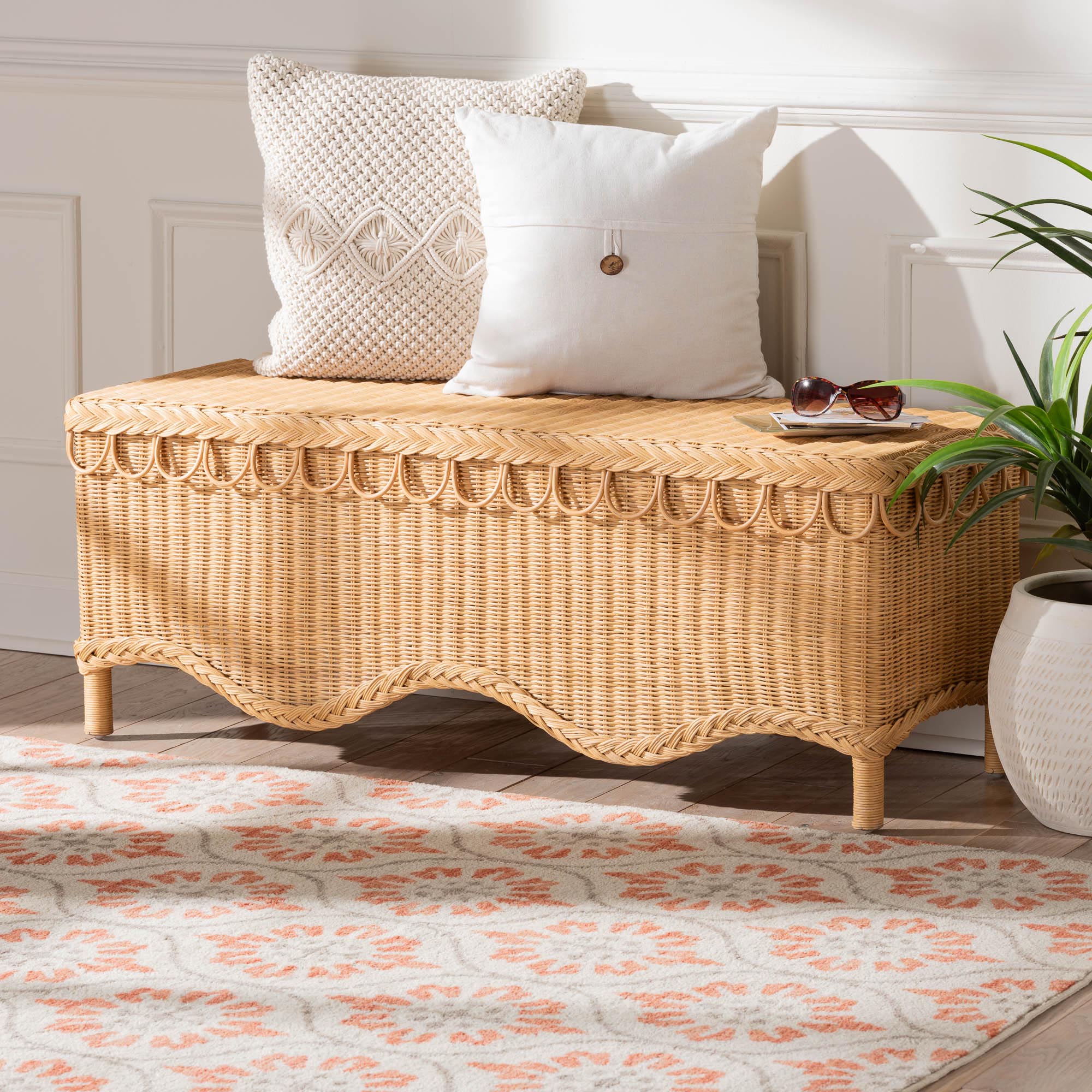 bali & pari Erla Bohemian Light Honey Rattan Accent Bench with Scallop border